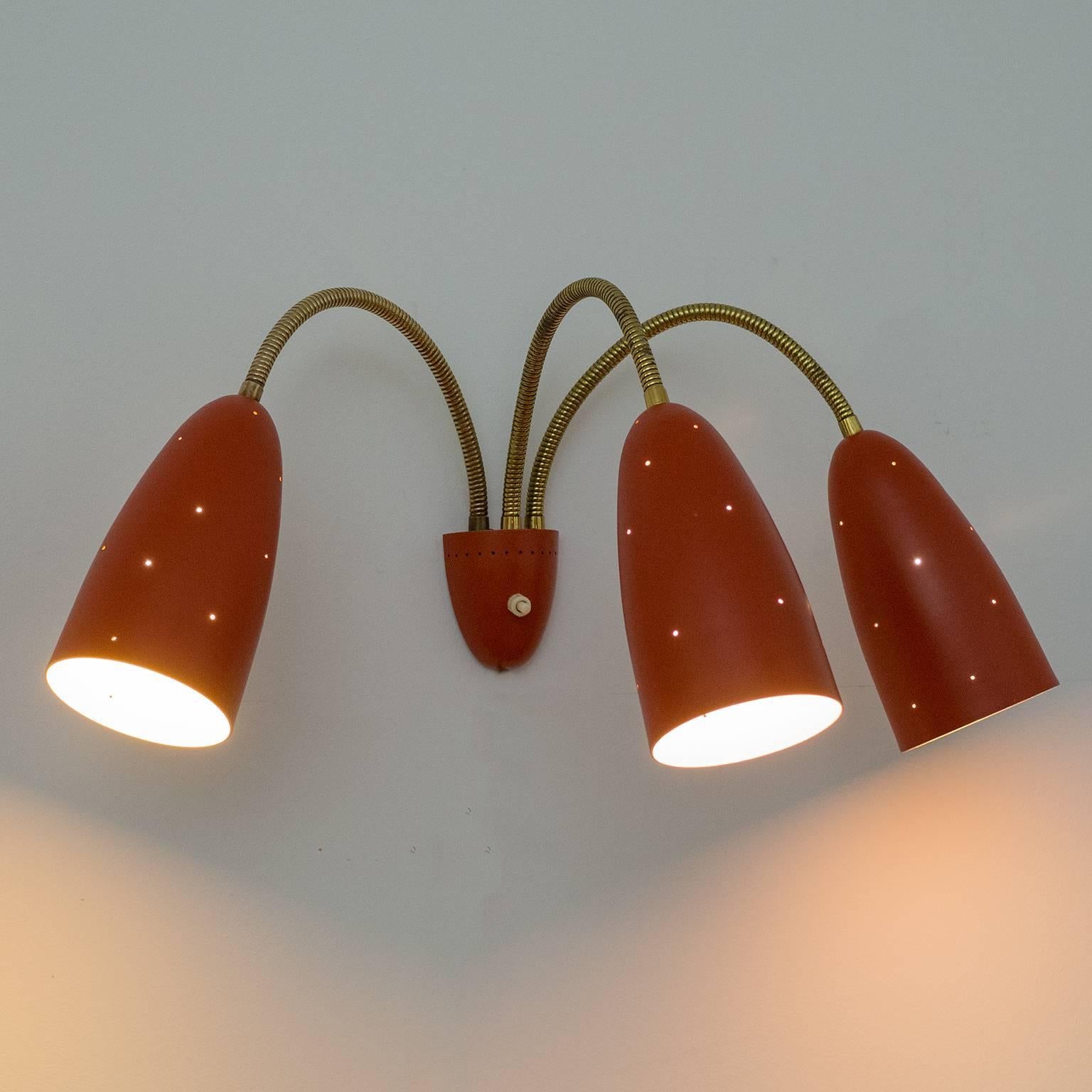 European Large Three-Arm Wall Light with Pierced Red Cones, 1950s