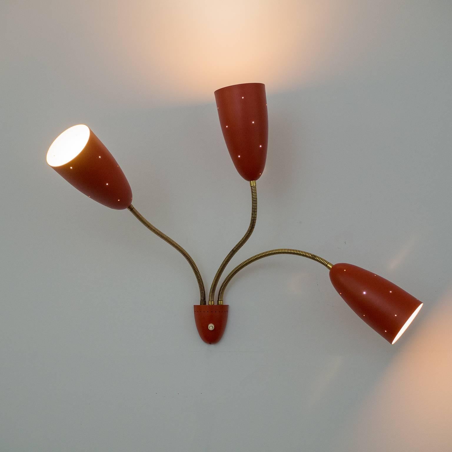 Lacquered Large Three-Arm Wall Light with Pierced Red Cones, 1950s