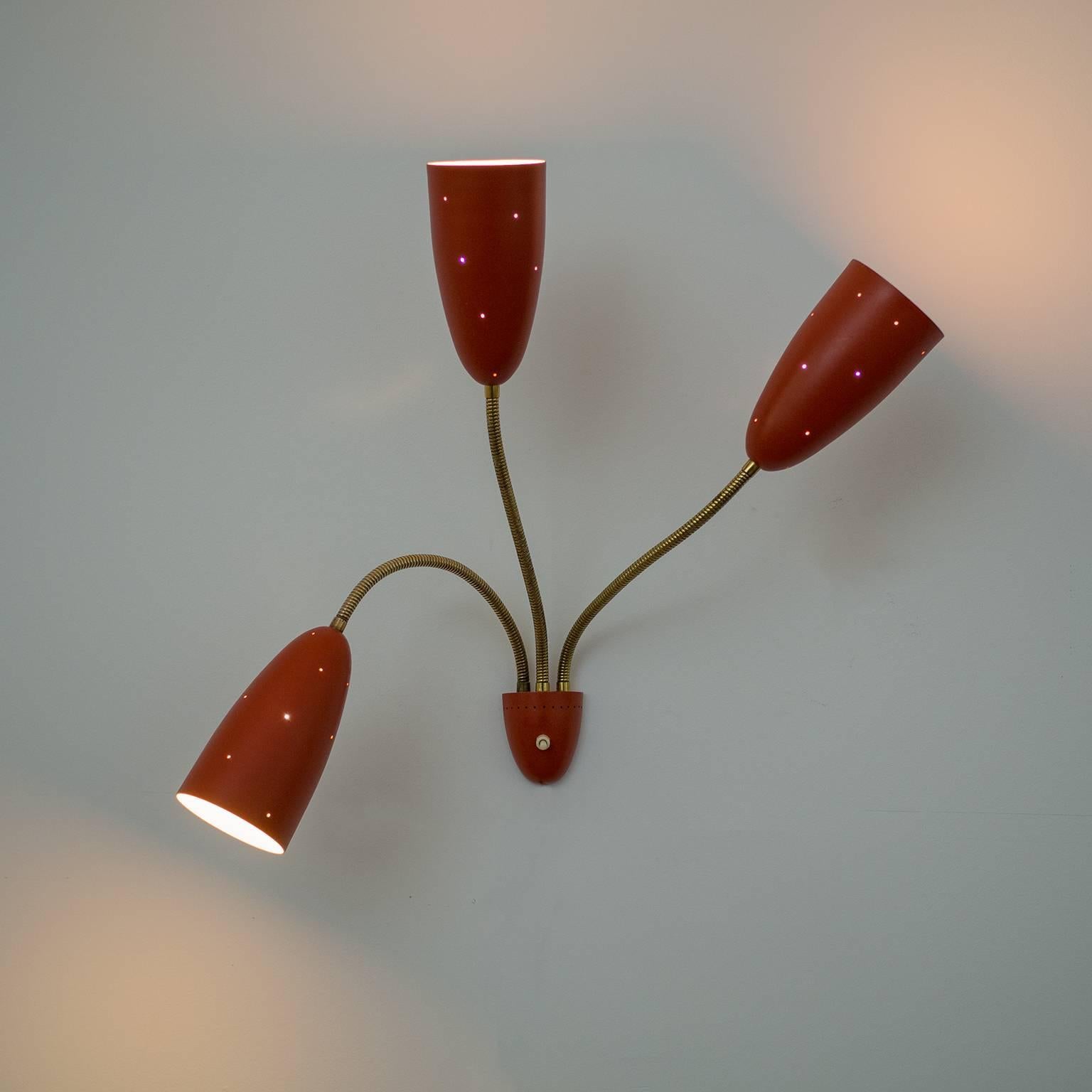 Large Three-Arm Wall Light with Pierced Red Cones, 1950s In Good Condition In Vienna, AT