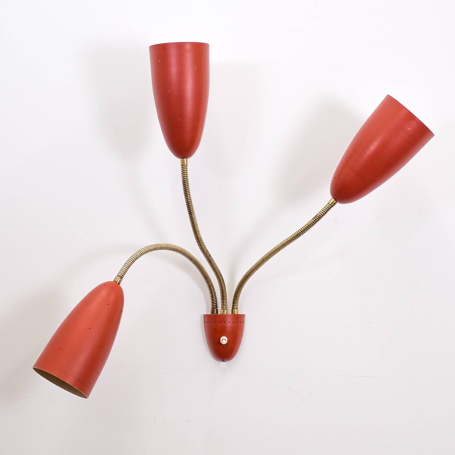 Aluminum Large Three-Arm Wall Light with Pierced Red Cones, 1950s