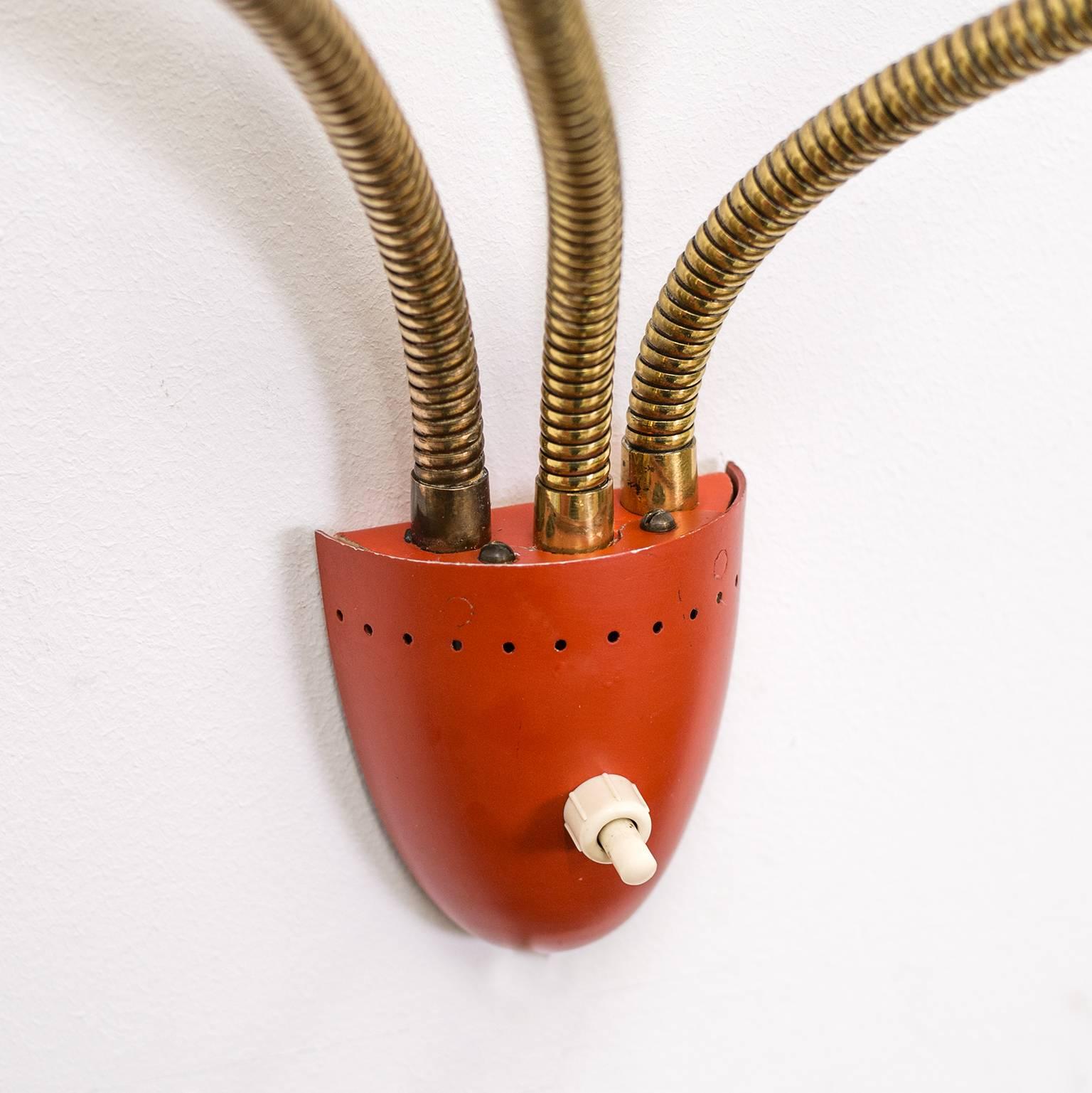 Large Three-Arm Wall Light with Pierced Red Cones, 1950s 1