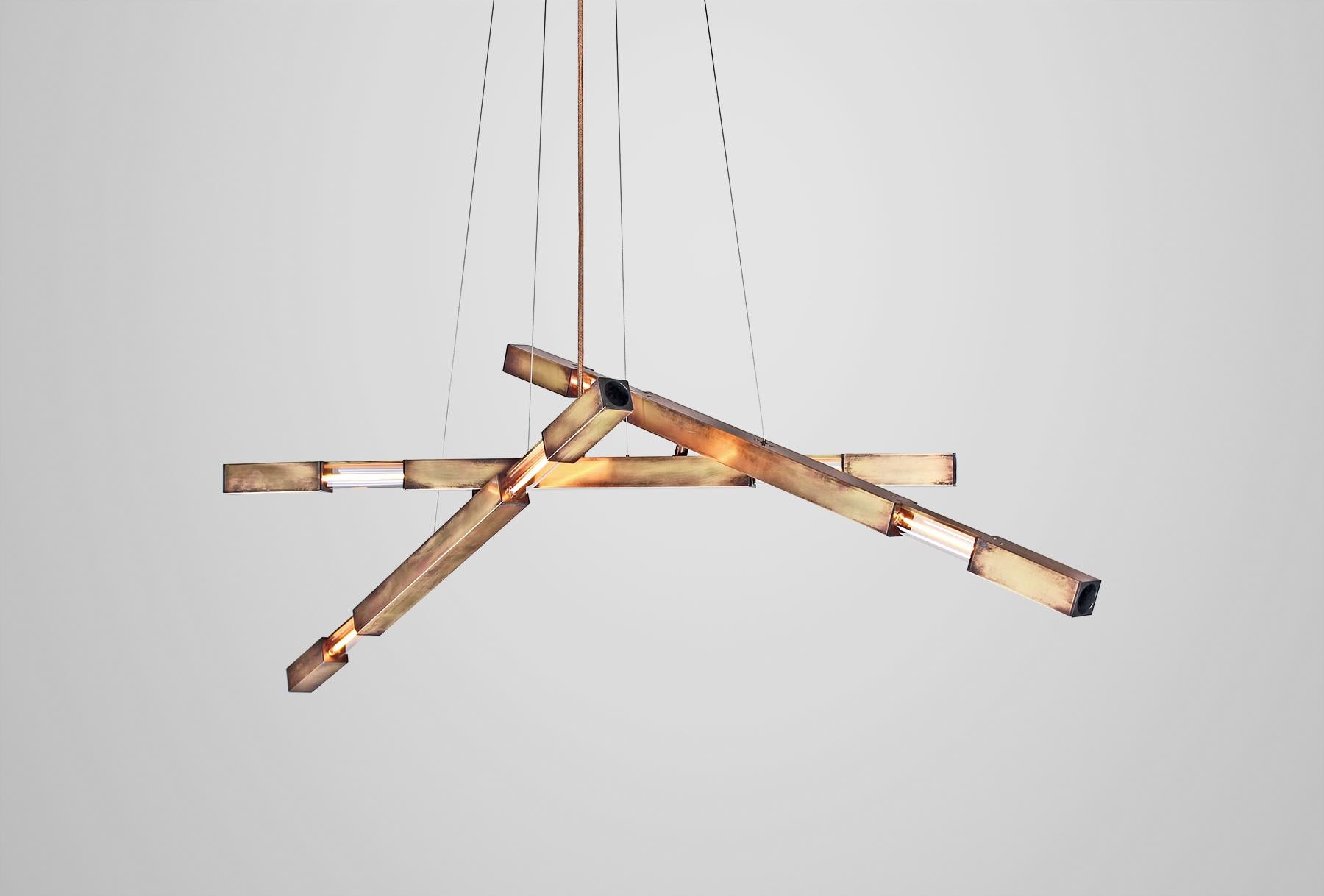 Modern Large Three-Branch Dynamic Stilk Chandelier in Brass 