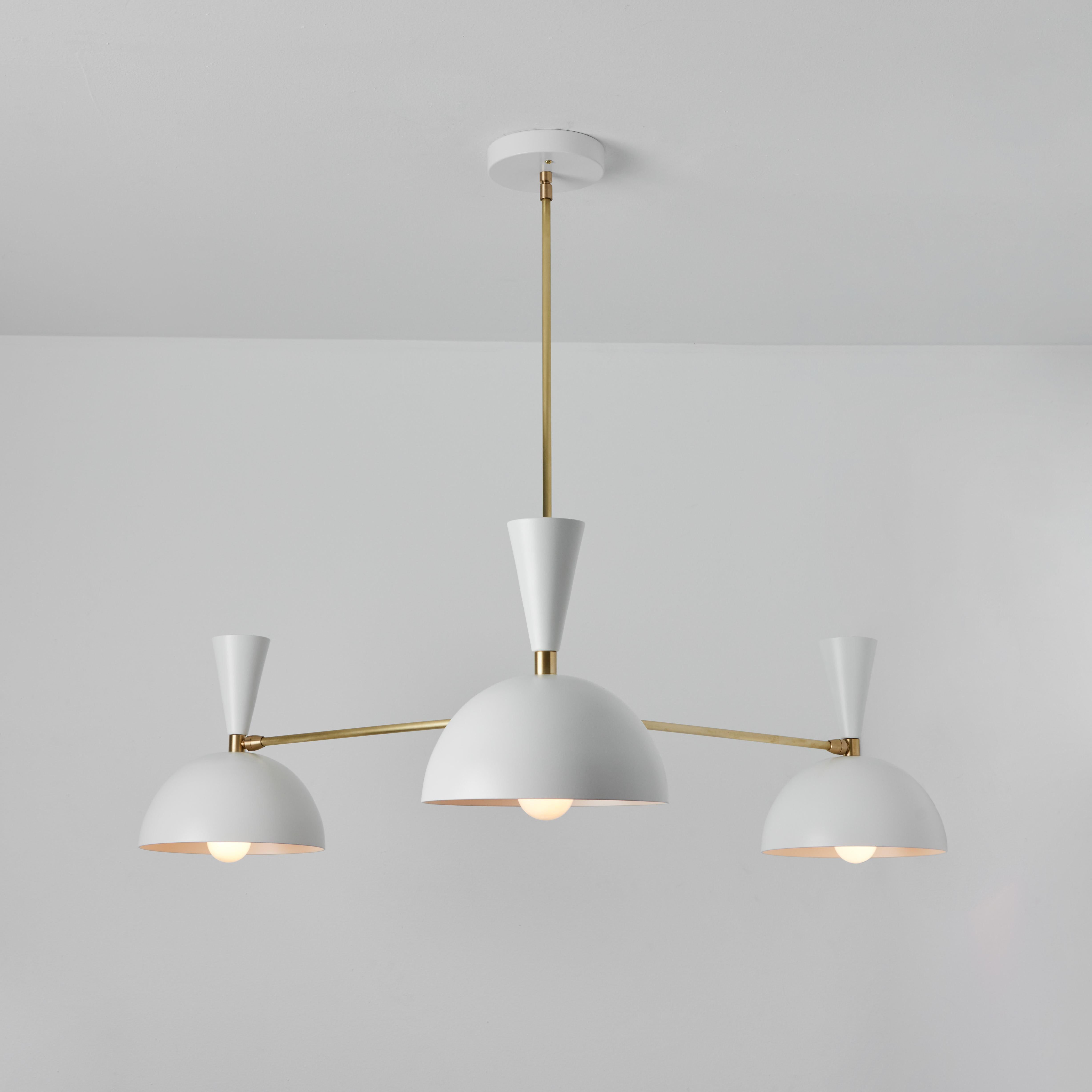 Large Three-Cone 'Lola II' chandelier in white and brass. 

Hand-fabricated by Los Angeles based designer and lighting professional Alvaro Benitez, this highly refined chandelier is reminiscent of the iconic midcentury Italian designs of Arteluce