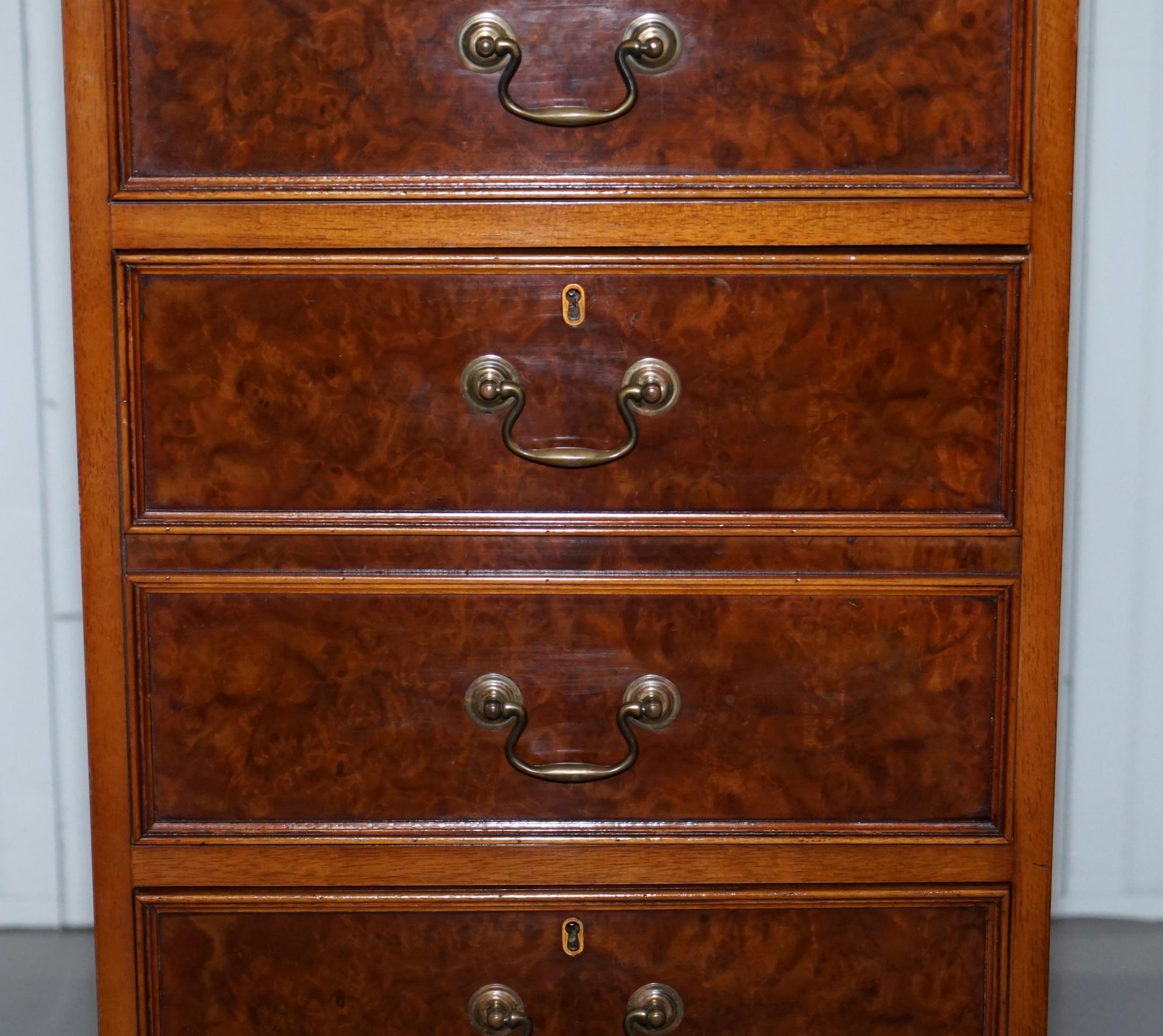 Modern Large Three-Drawer Burr Walnut Filing Cabinet Green Leather Top Matching Desk