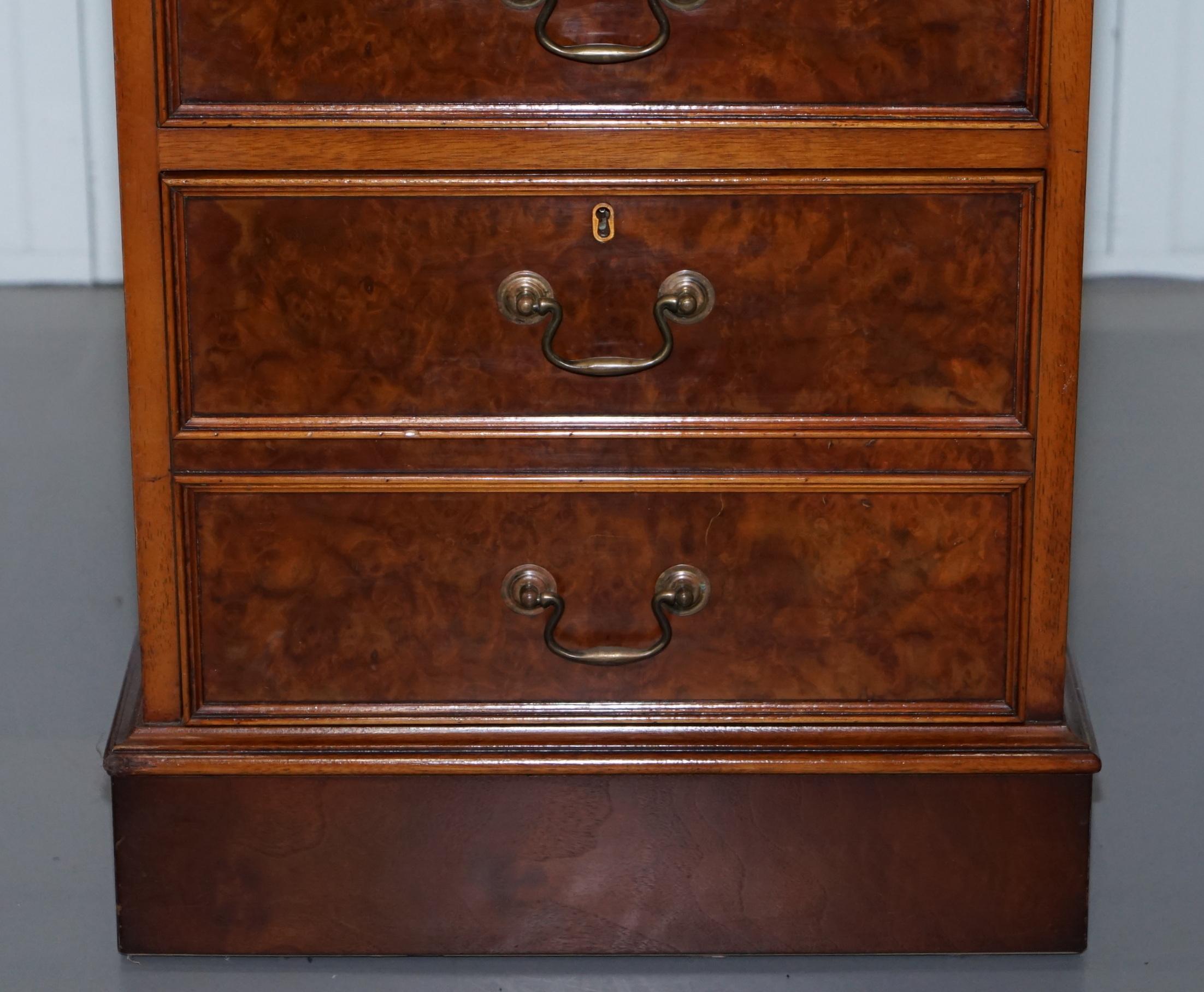 English Large Three-Drawer Burr Walnut Filing Cabinet Green Leather Top Matching Desk
