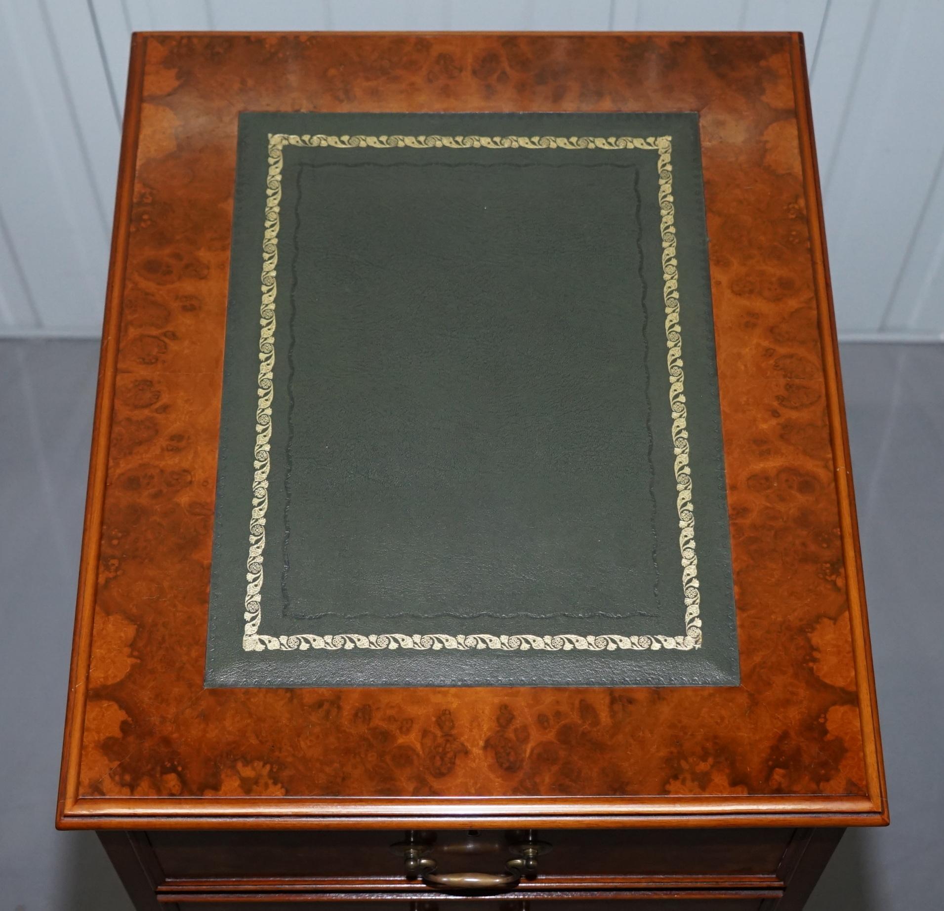 Hand-Crafted Large Three-Drawer Burr Walnut Filing Cabinet Green Leather Top Matching Desk