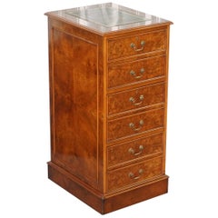 Vintage Large Three-Drawer Burr Walnut Filing Cabinet Green Leather Top Matching Desk
