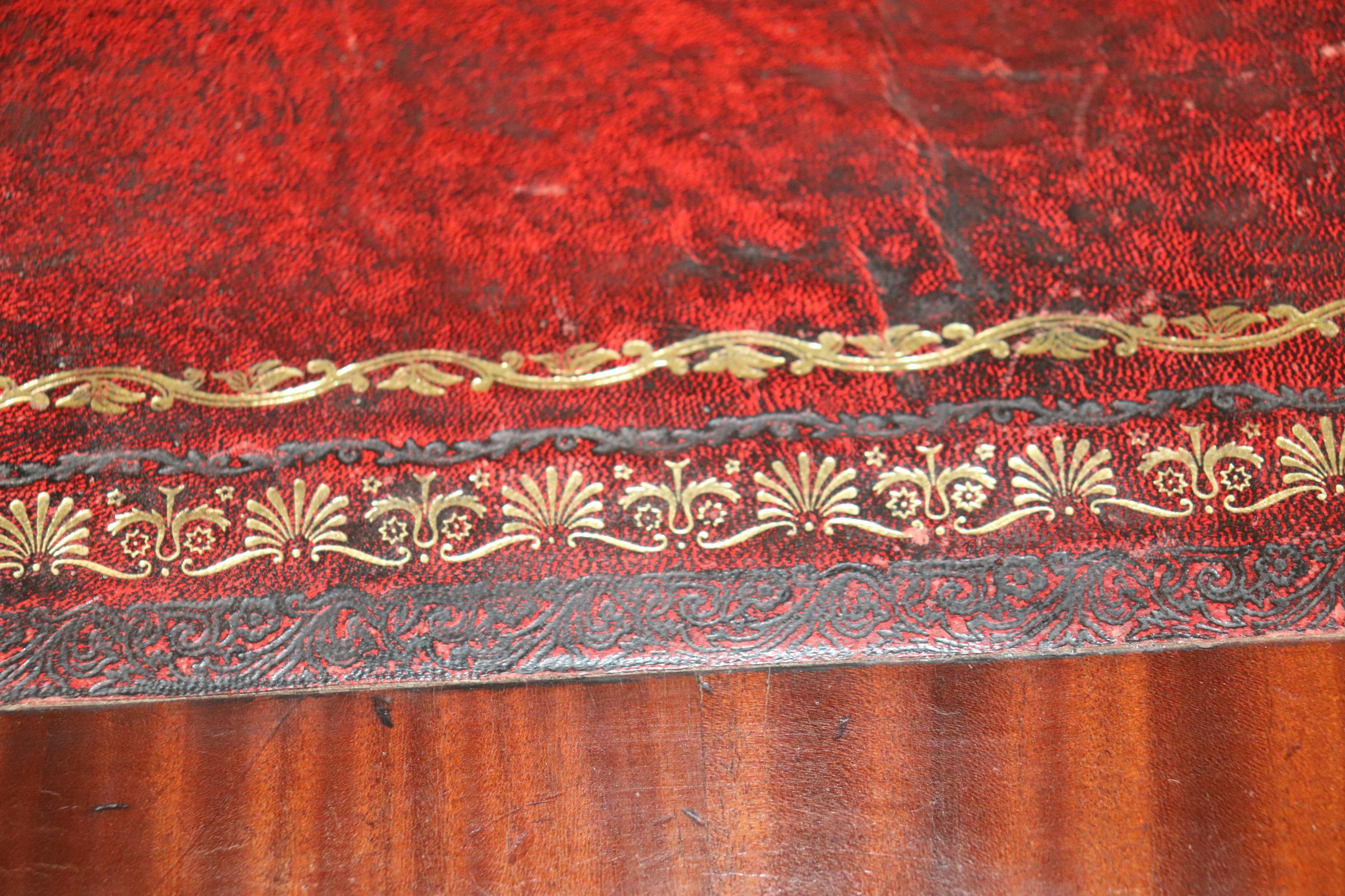 Large Three Drawer Gold Embossed Oxblood Leather Mahogany Georgian Writing Desk In Good Condition In Swedesboro, NJ