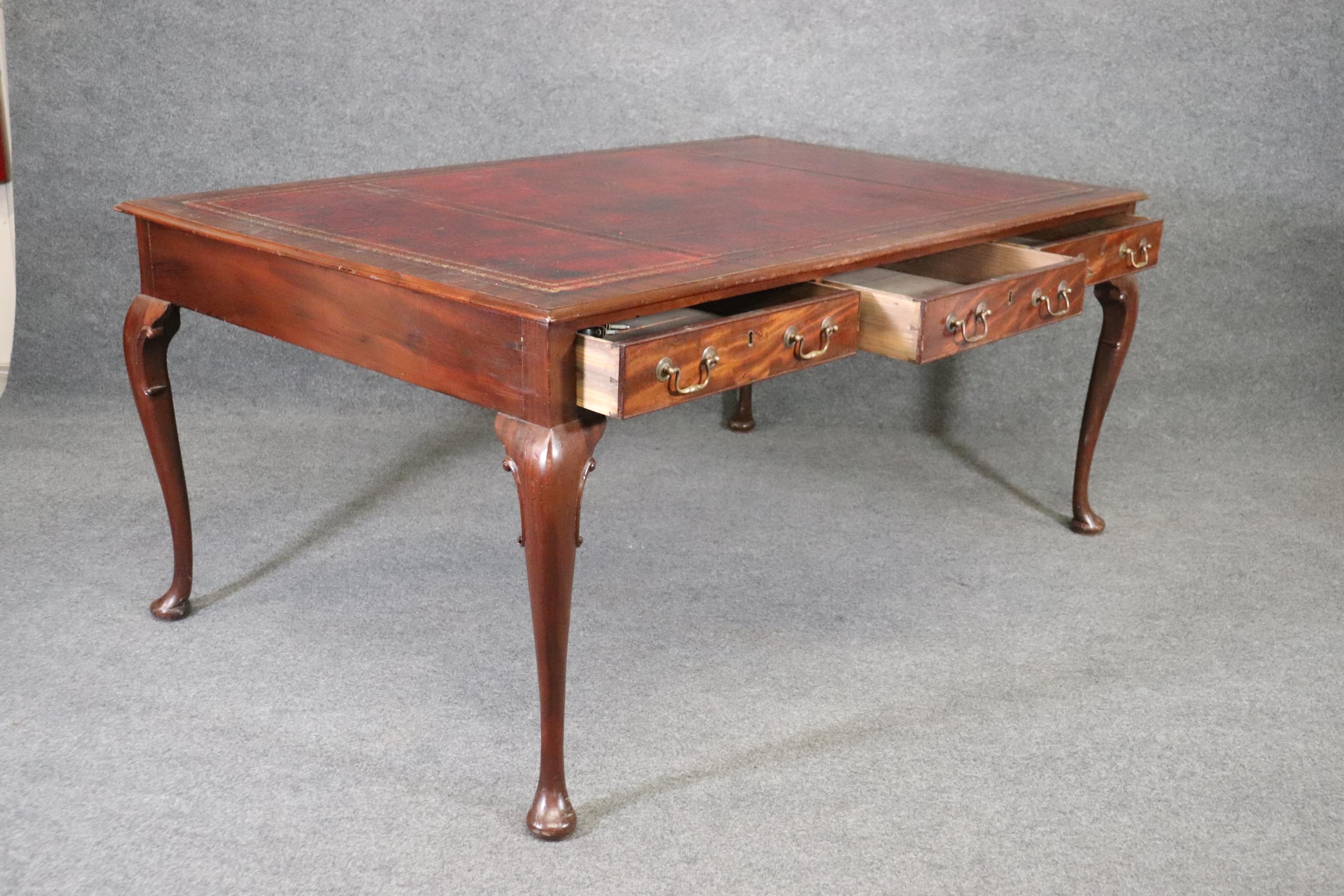 Late 19th Century Large Three Drawer Gold Embossed Oxblood Leather Mahogany Georgian Writing Desk