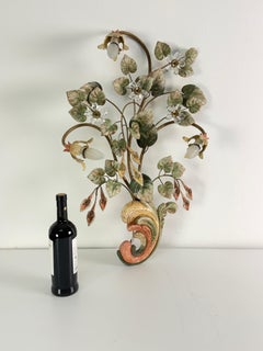 Large three-light Florentine Wall Lamp in colored wrought iron and crystal, 1980