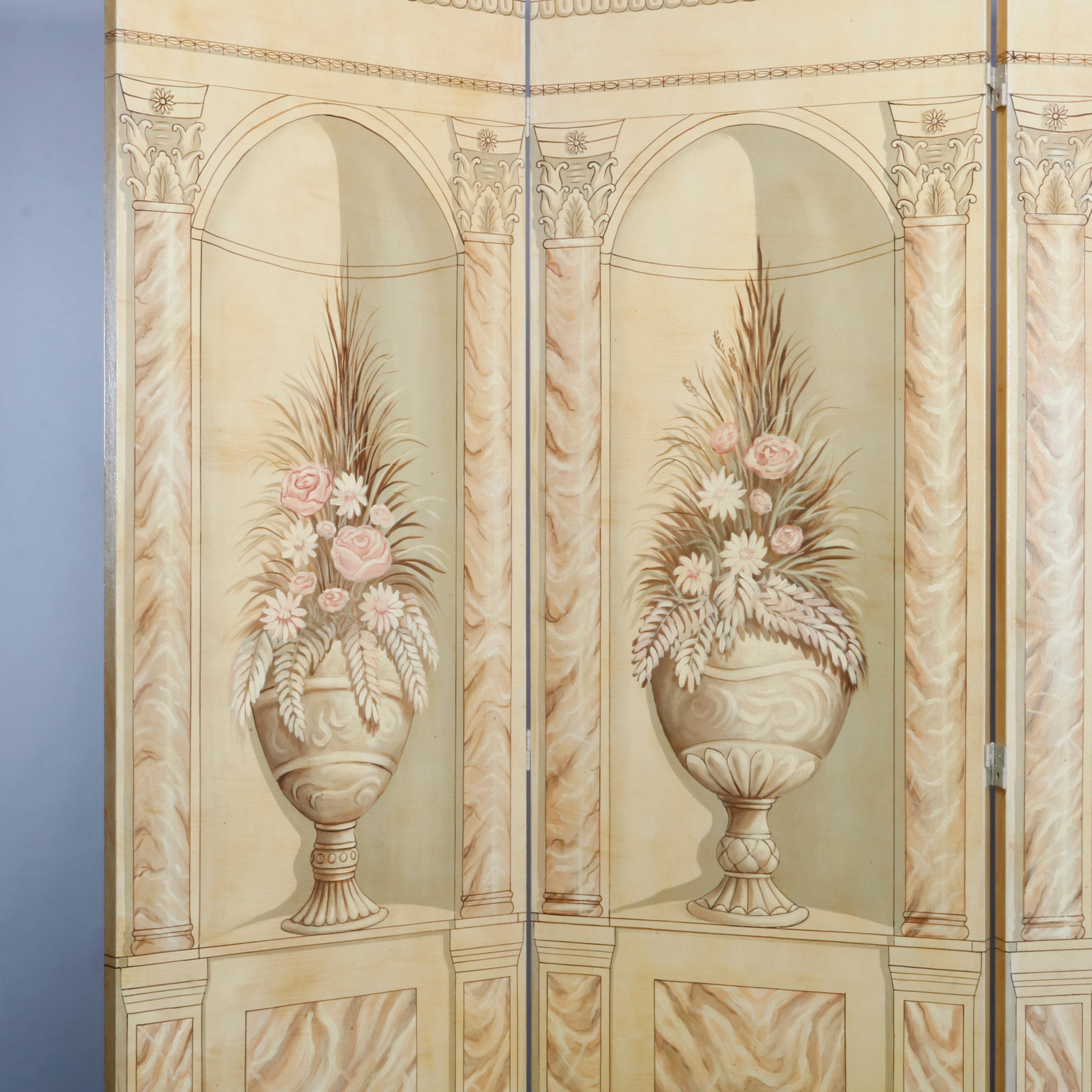 A vintage folding room dividing screen offer three panels with neoclassical design with floral urns and Grecian columns, en verso signed Hayward, 20th century

Measures: 84.13