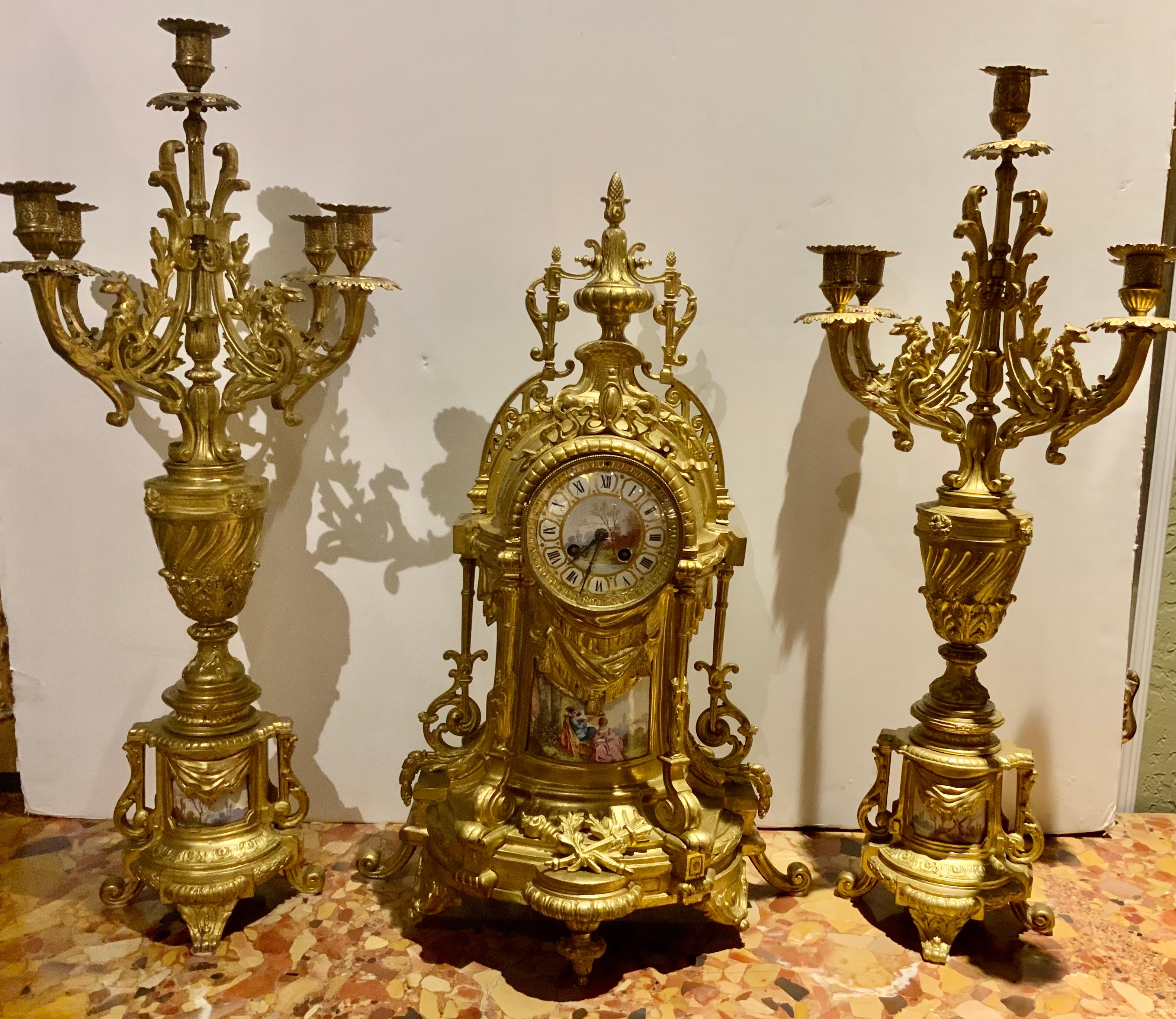 Large Three-Piece French 19th Century Clock/Garniture Set Louis XVI Style For Sale 5