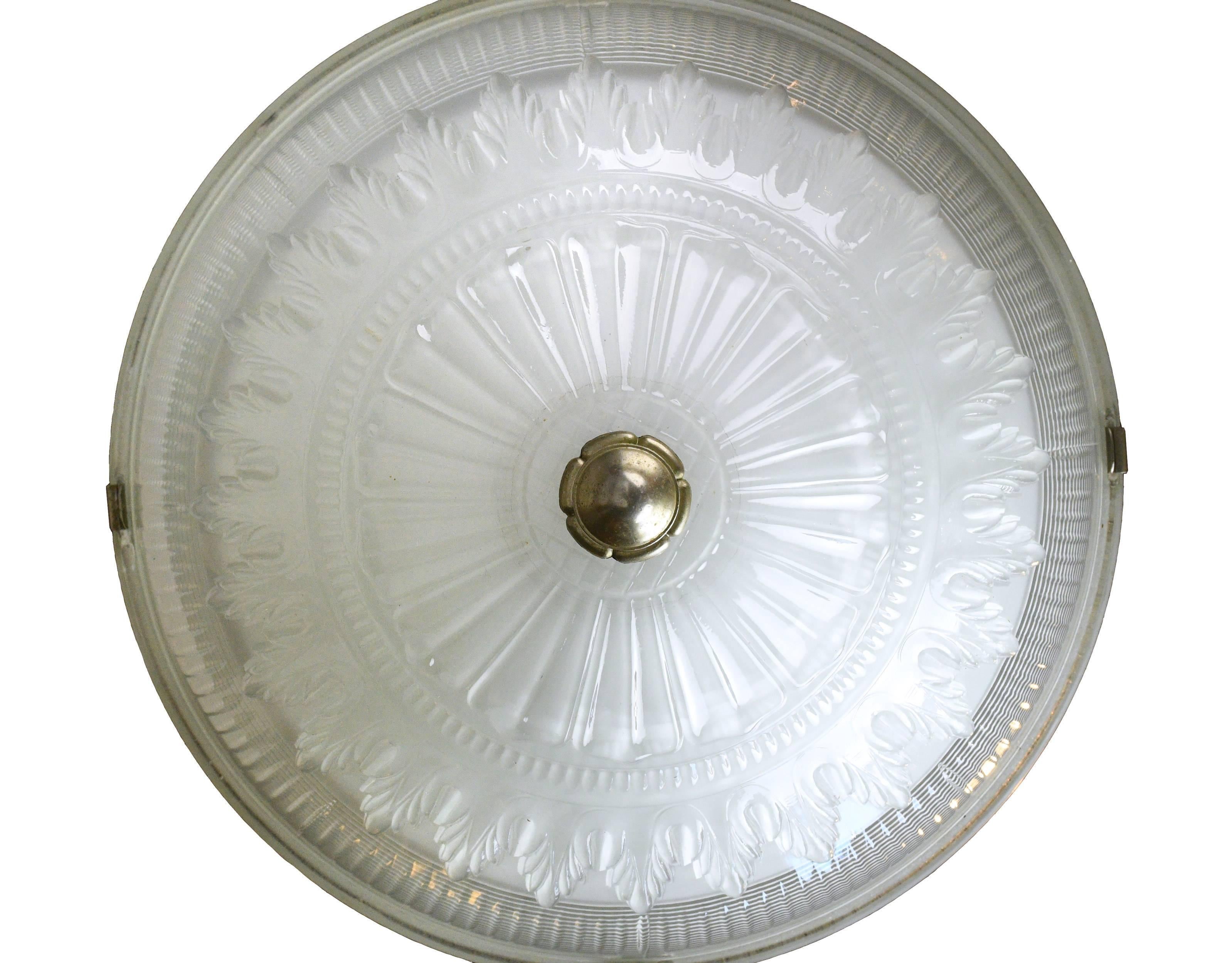Glass Large Three-Piece Holophane Flush Mount For Sale
