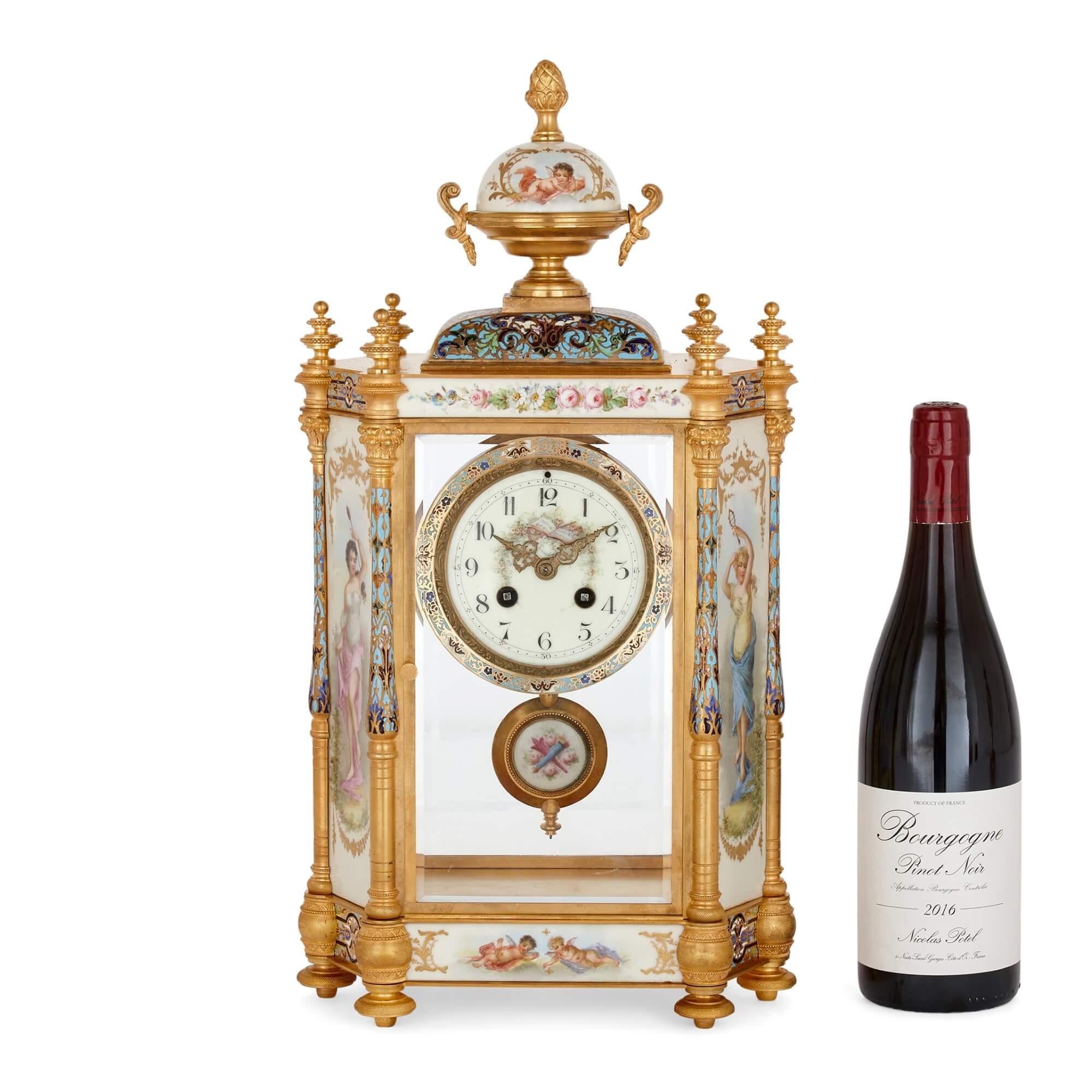 Large Three-Piece Porcelain, Champlevé Enamel, and Ormolu Mounted Clock Set For Sale 4