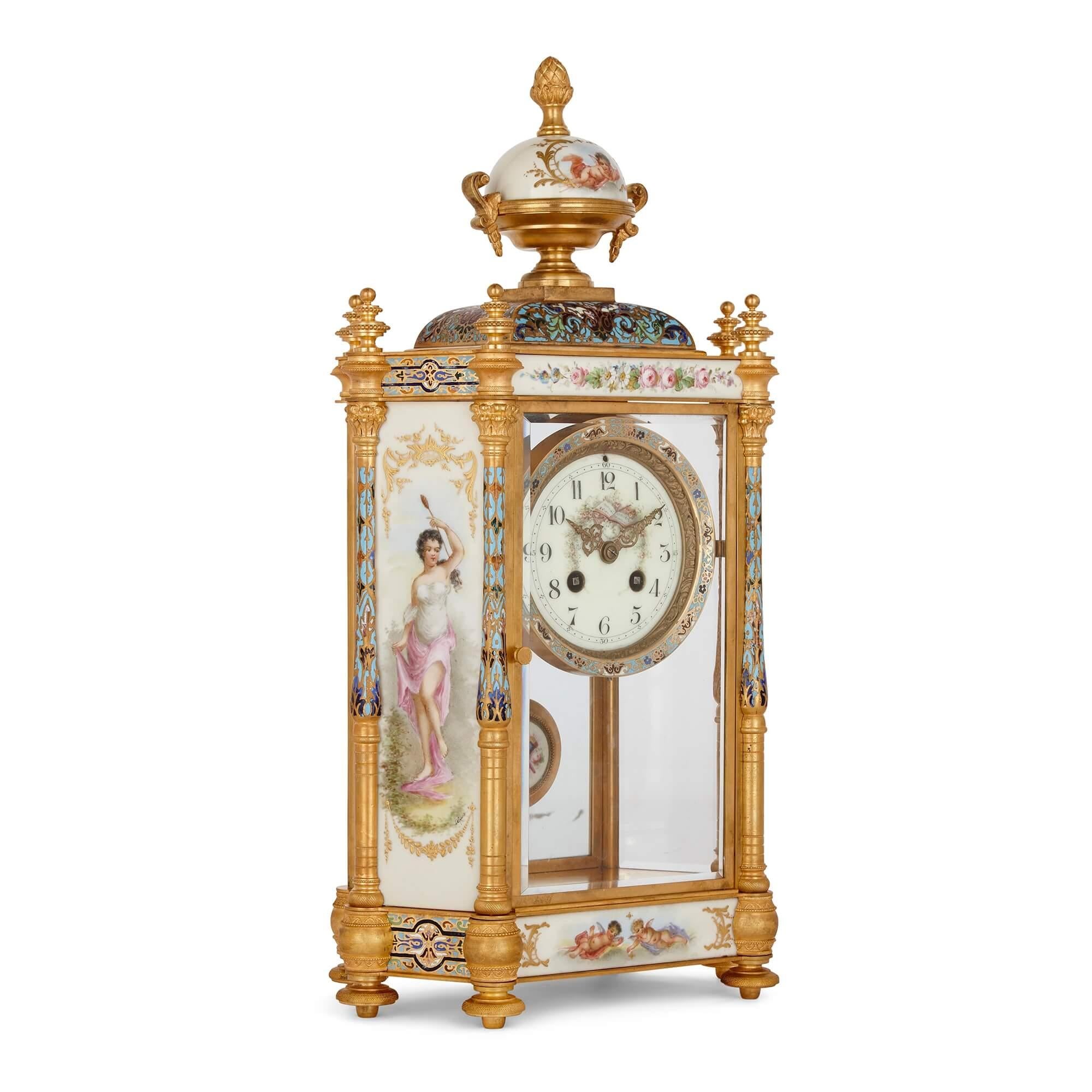 Belle Époque Large Three-Piece Porcelain, Champlevé Enamel, and Ormolu Mounted Clock Set For Sale