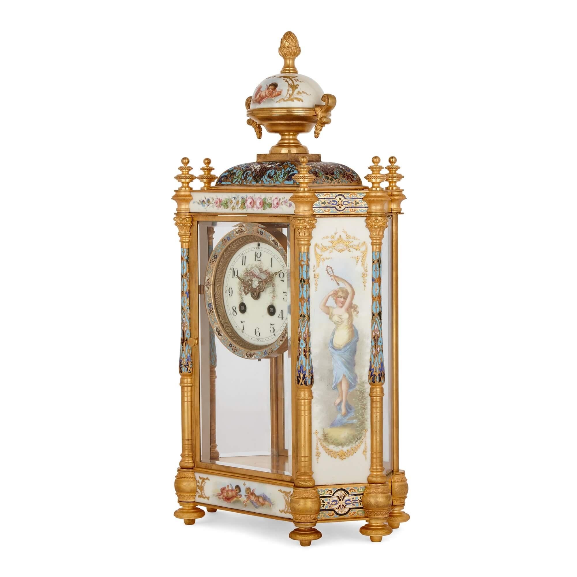 French Large Three-Piece Porcelain, Champlevé Enamel, and Ormolu Mounted Clock Set For Sale