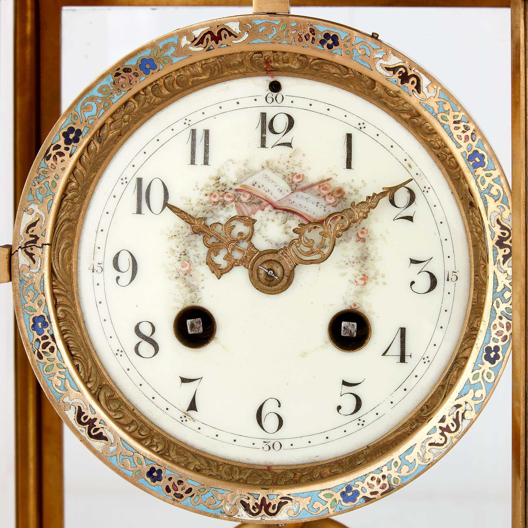 Large Three-Piece Porcelain, Champlevé Enamel, and Ormolu Mounted Clock Set In Good Condition For Sale In London, GB