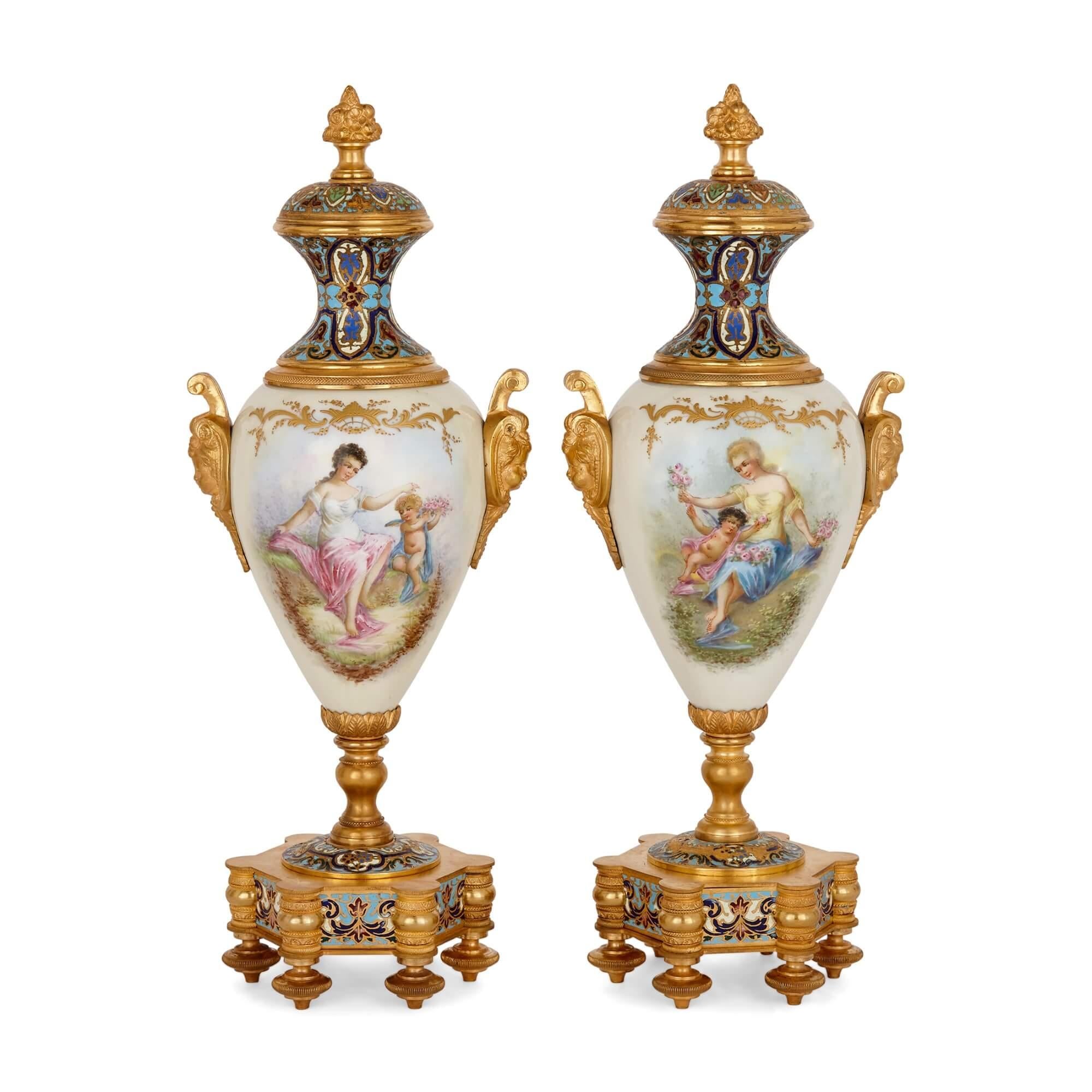Large Three-Piece Porcelain, Champlevé Enamel, and Ormolu Mounted Clock Set For Sale 1