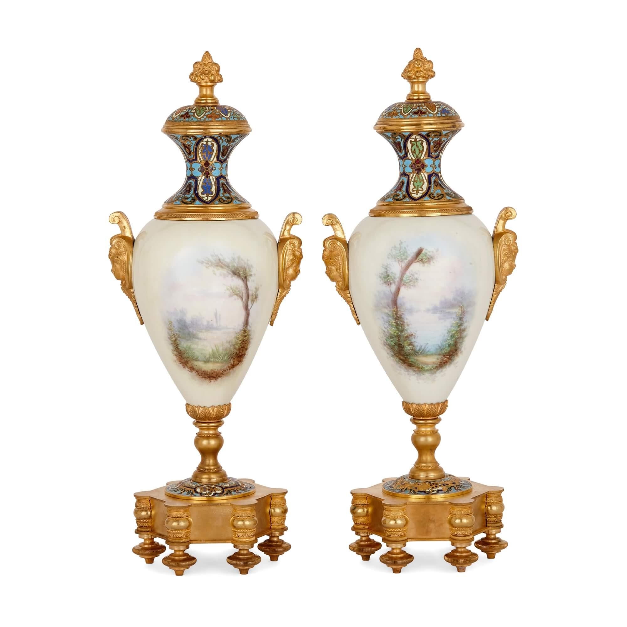 Large Three-Piece Porcelain, Champlevé Enamel, and Ormolu Mounted Clock Set For Sale 2