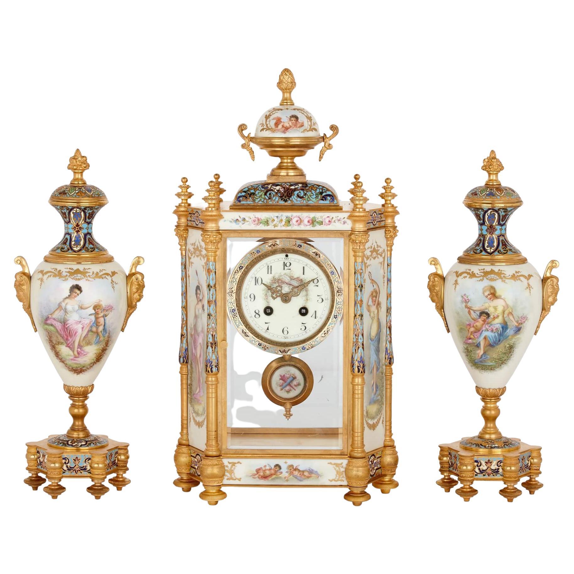 Large Three-Piece Porcelain, Champlevé Enamel, and Ormolu Mounted Clock Set
