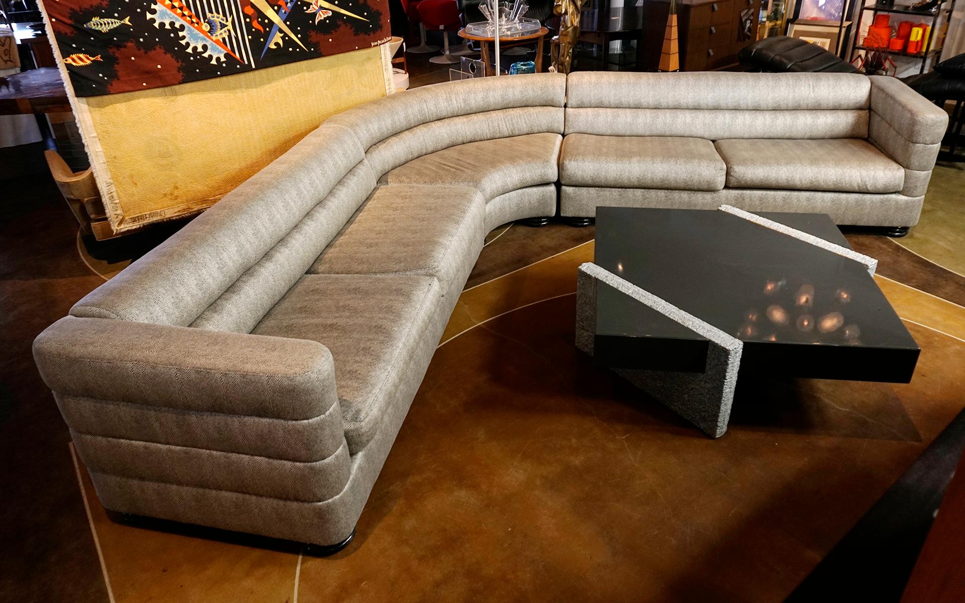 L shaped sectional sofa by Directional in a beautiful black and white patterned fabric with a snakeskin like appearance.  This is from the original owner and was placed in a large, rarely used living room.  There are few if any signs of use.  VERY