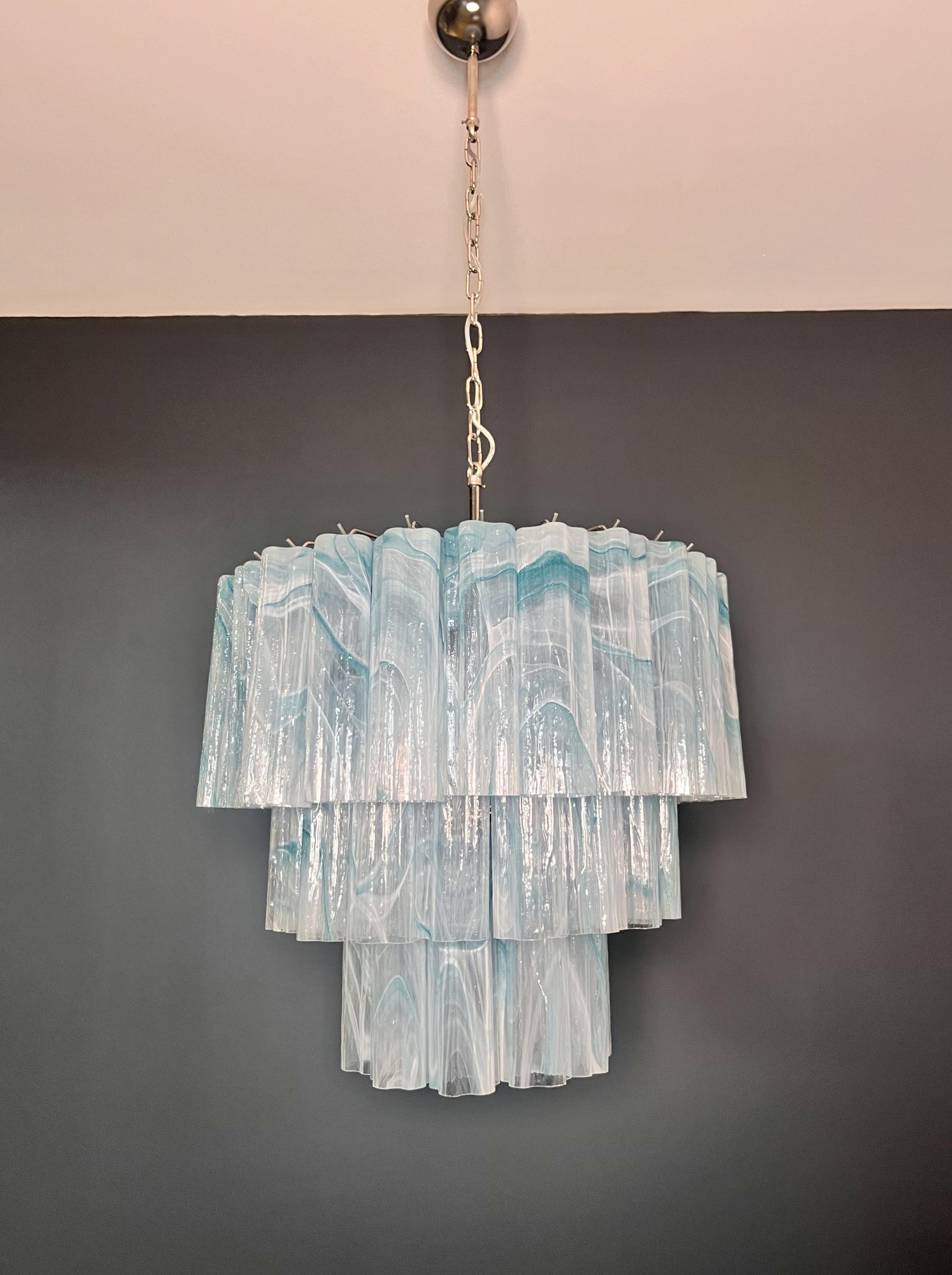 Galvanized Large three-Tier Murano 52 blue alabaster glass tubes For Sale