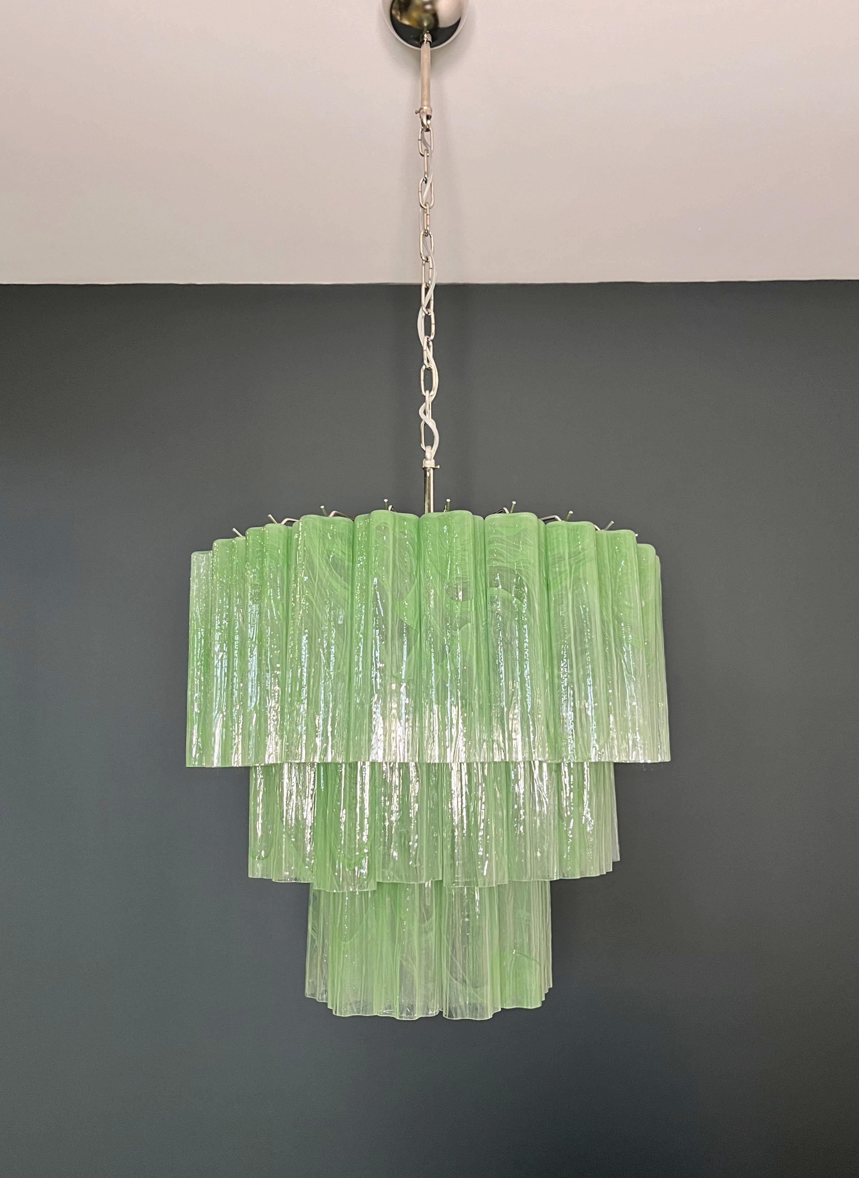 Italian Large three-Tier Murano 52 green alabaster glass tubes For Sale