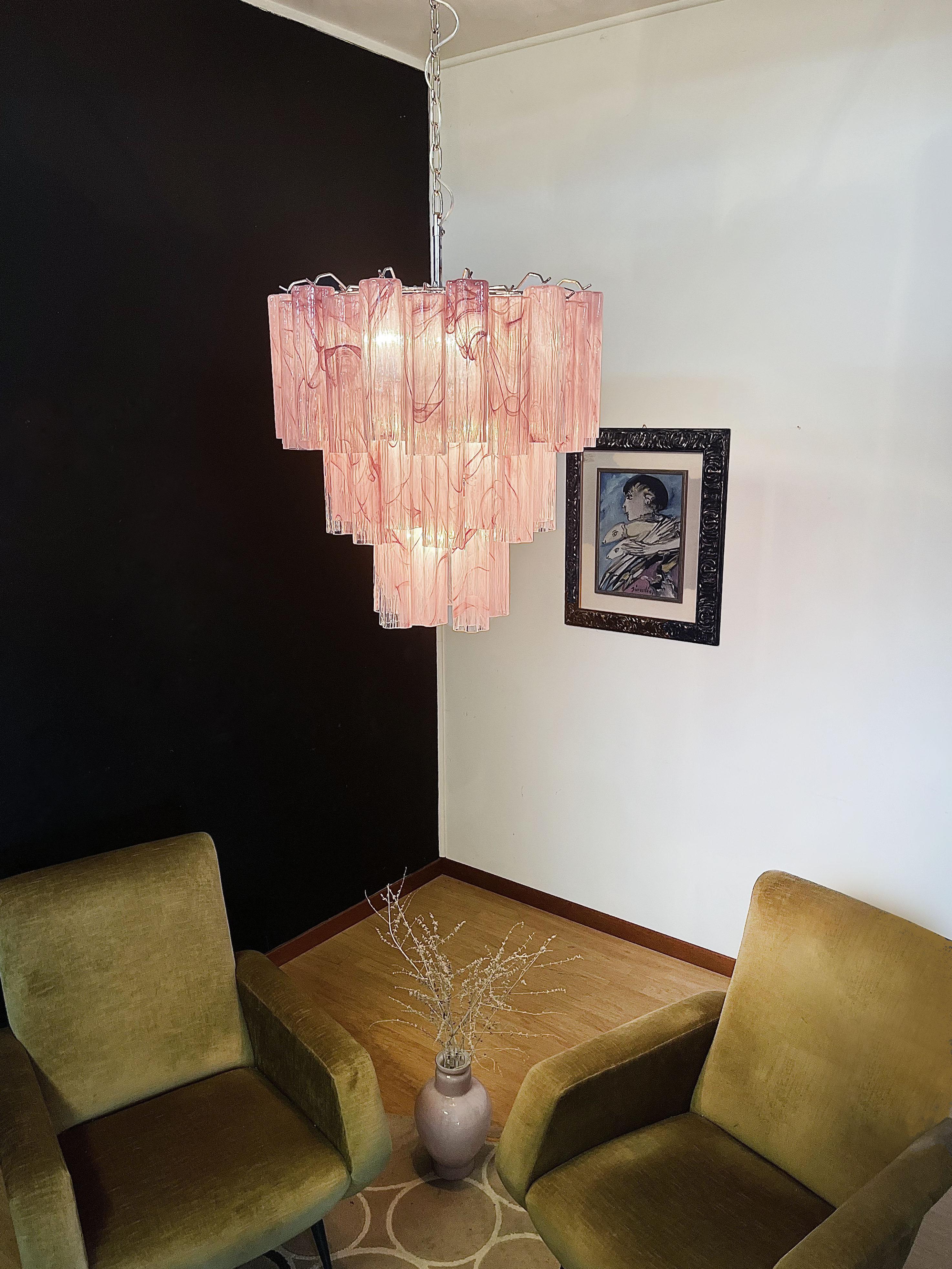 Large Three-Tier Murano Glass Tube Chandelier, Pink Albaster For Sale 2