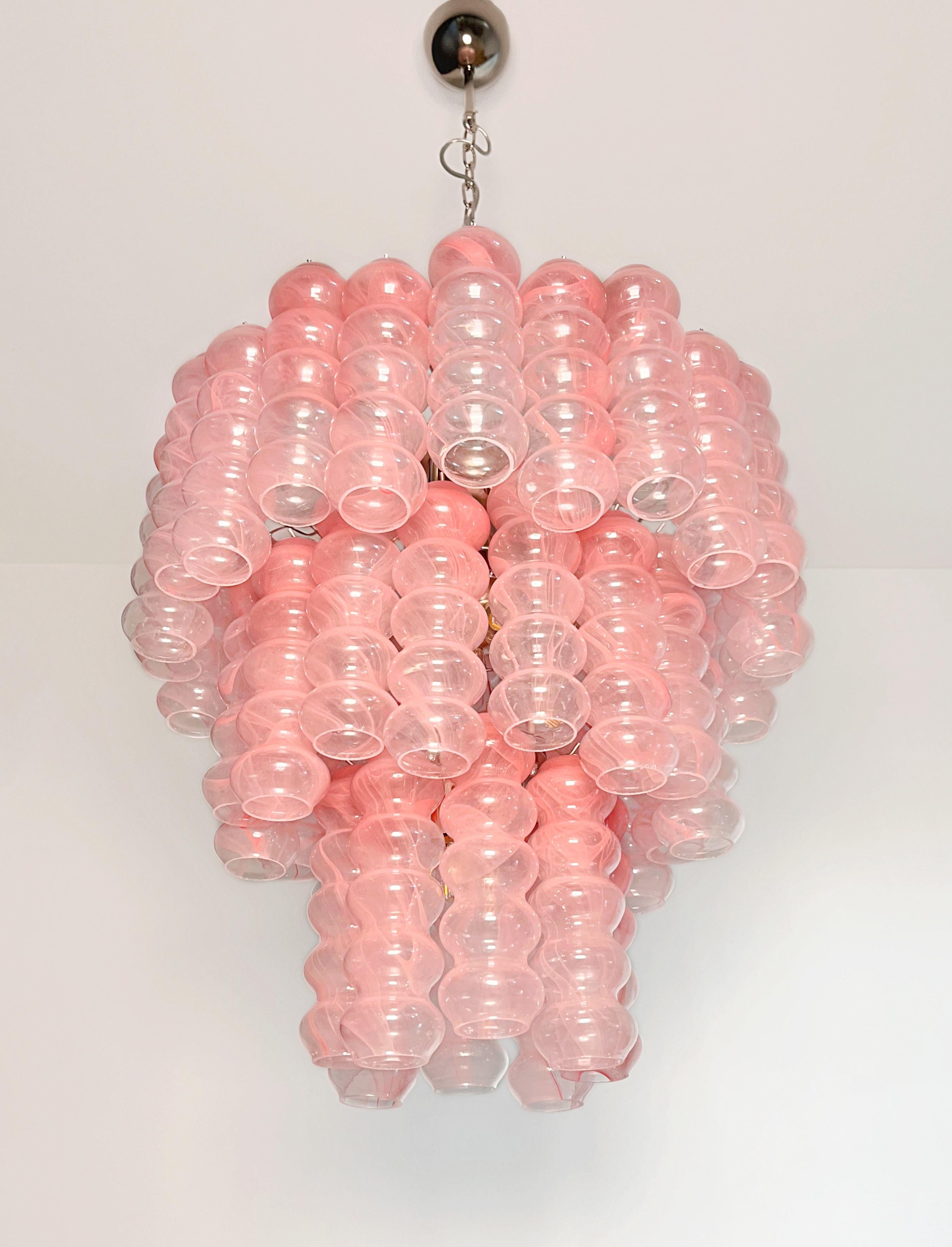Großer dreistöckiger Murano Glasröhren-Kronleuchter - rosa Albaster im Angebot 2
