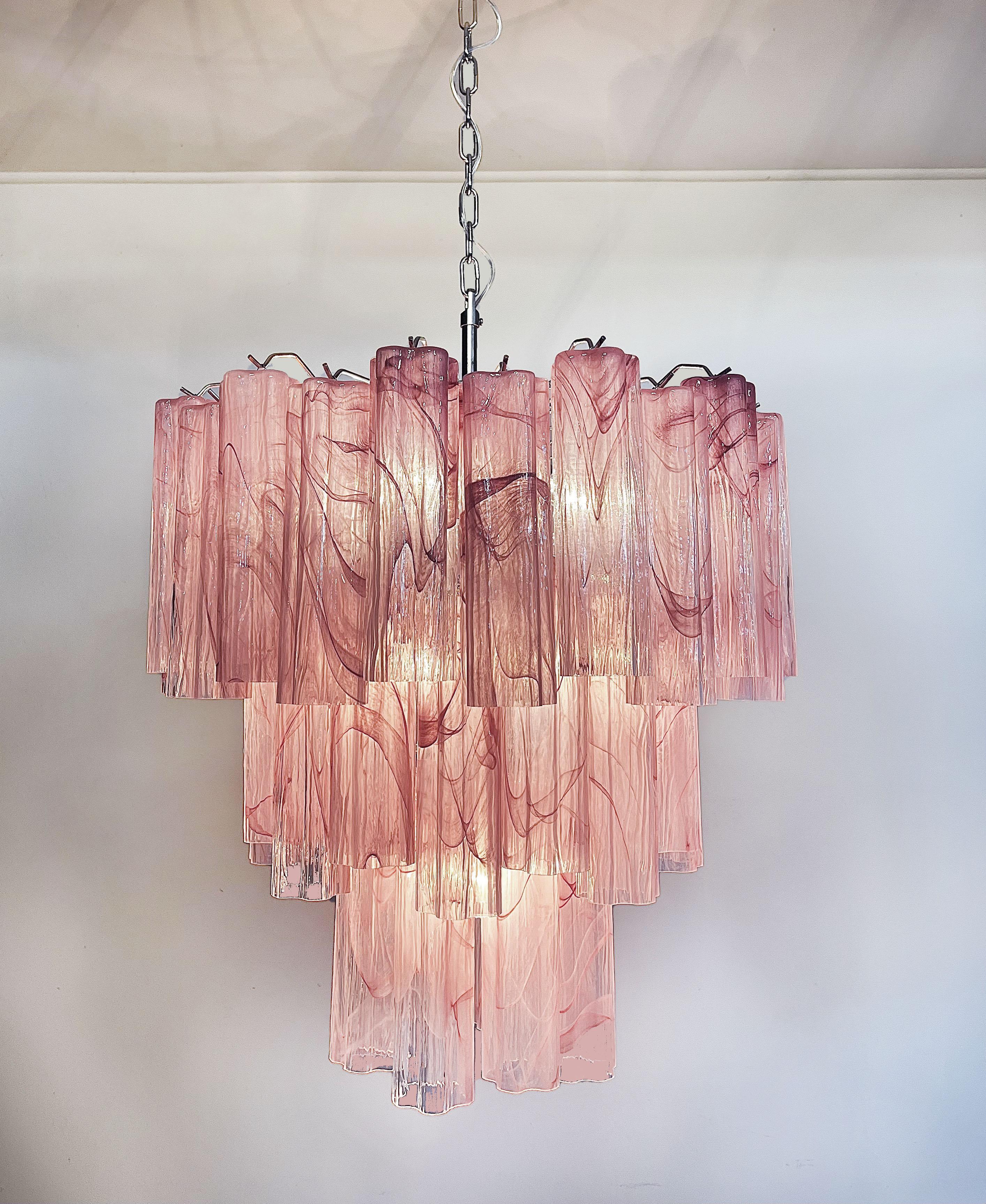 Large Three-Tier Murano Glass Tube Chandelier, Pink Albaster 3