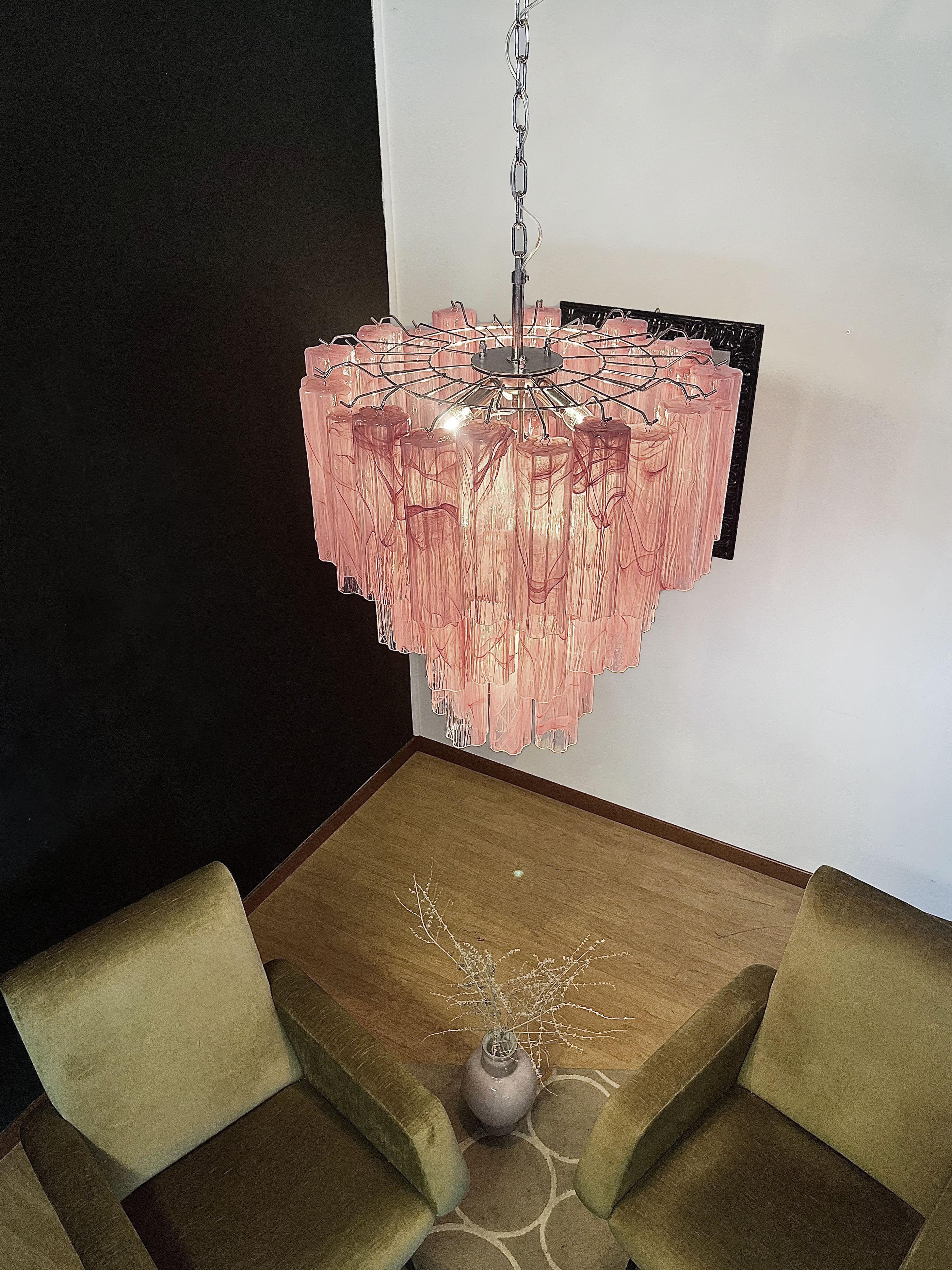 Large Three-Tier Murano Glass Tube Chandelier, Pink Albaster For Sale 3