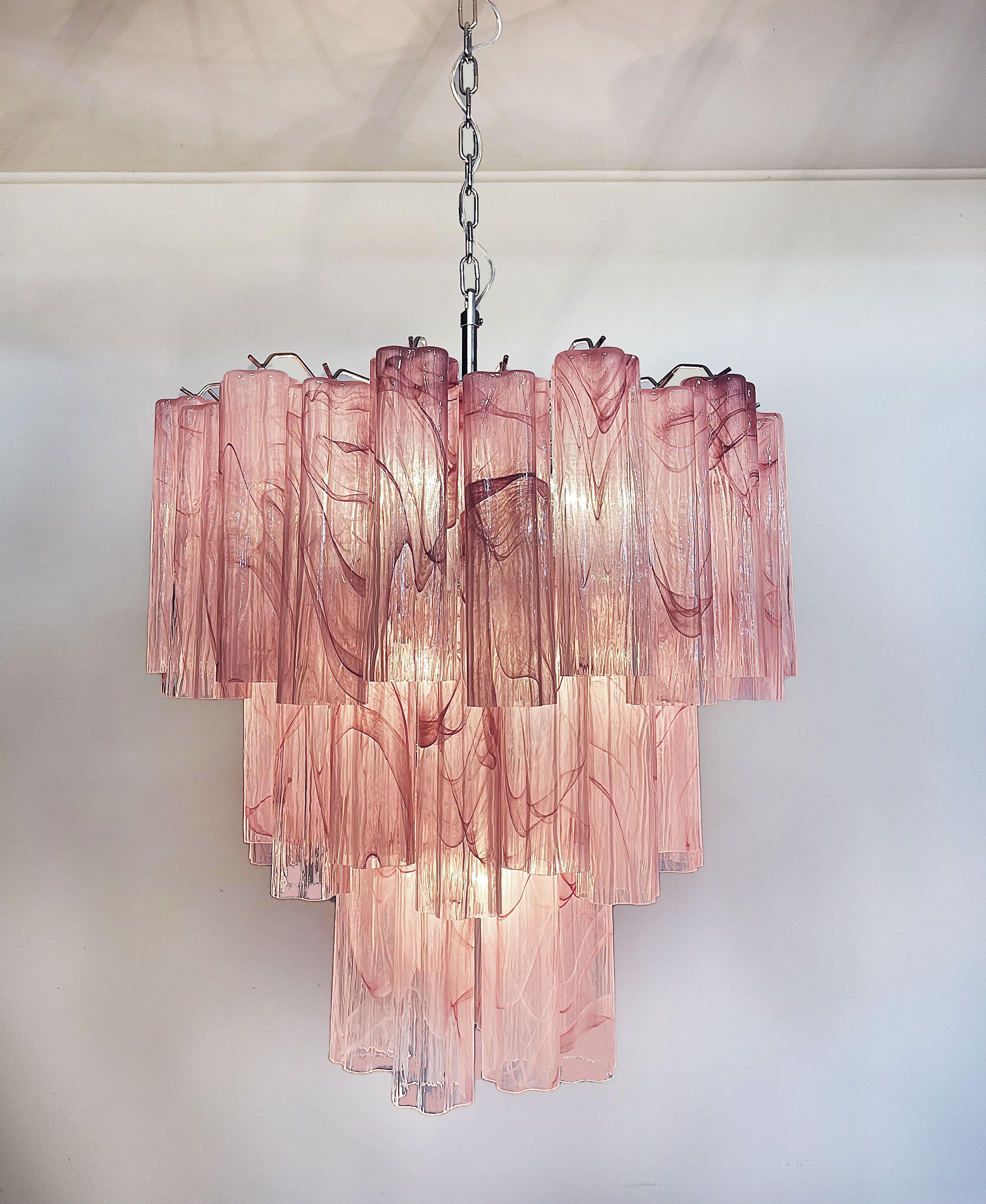 Large Three-Tier Murano Glass Tube Chandelier, Pink Albaster For Sale 4