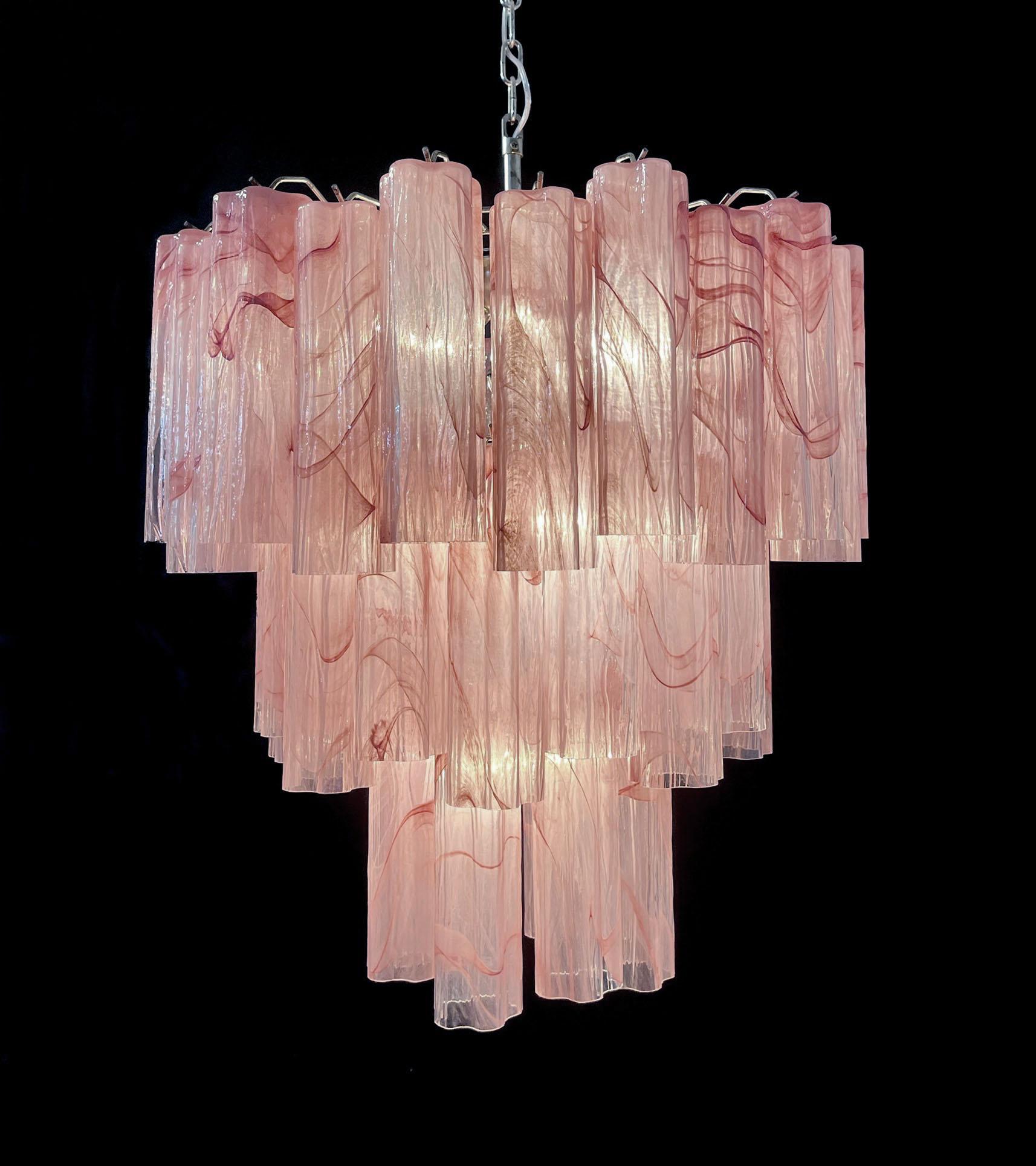 Large Three-Tier Murano Glass Tube Chandelier, Pink Albaster For Sale 5