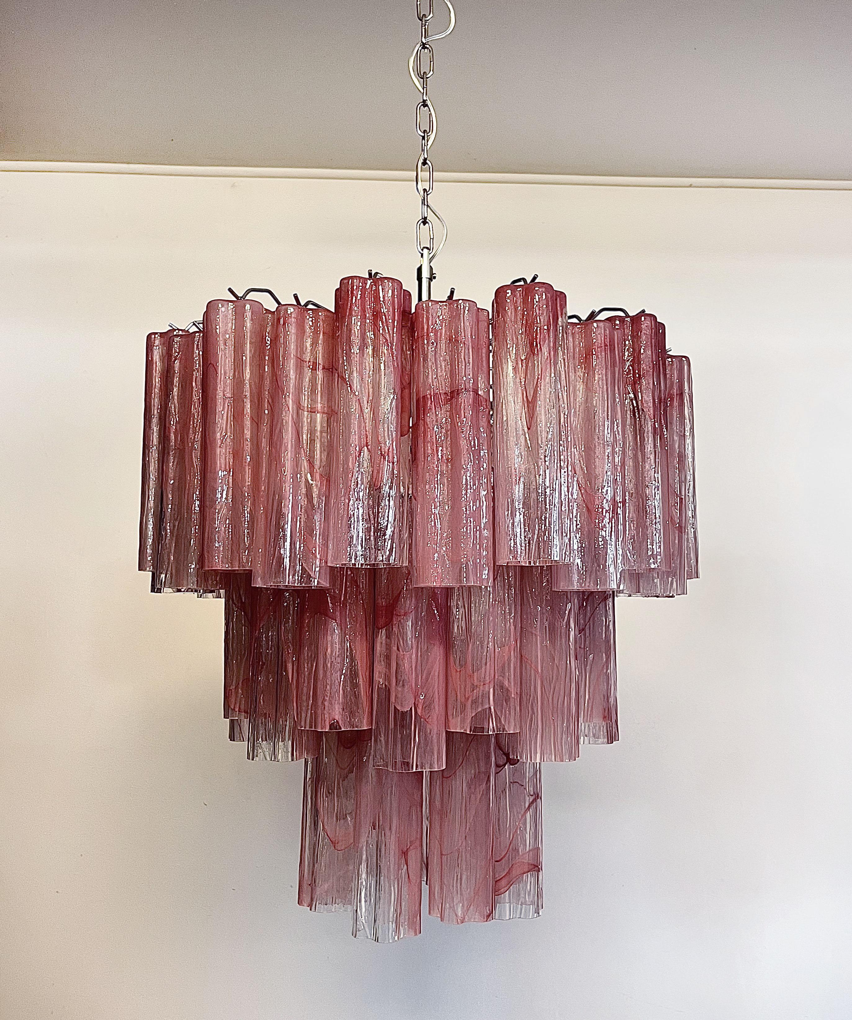 Large Three-Tier Murano Glass Tube Chandelier, Pink Albaster For Sale 6