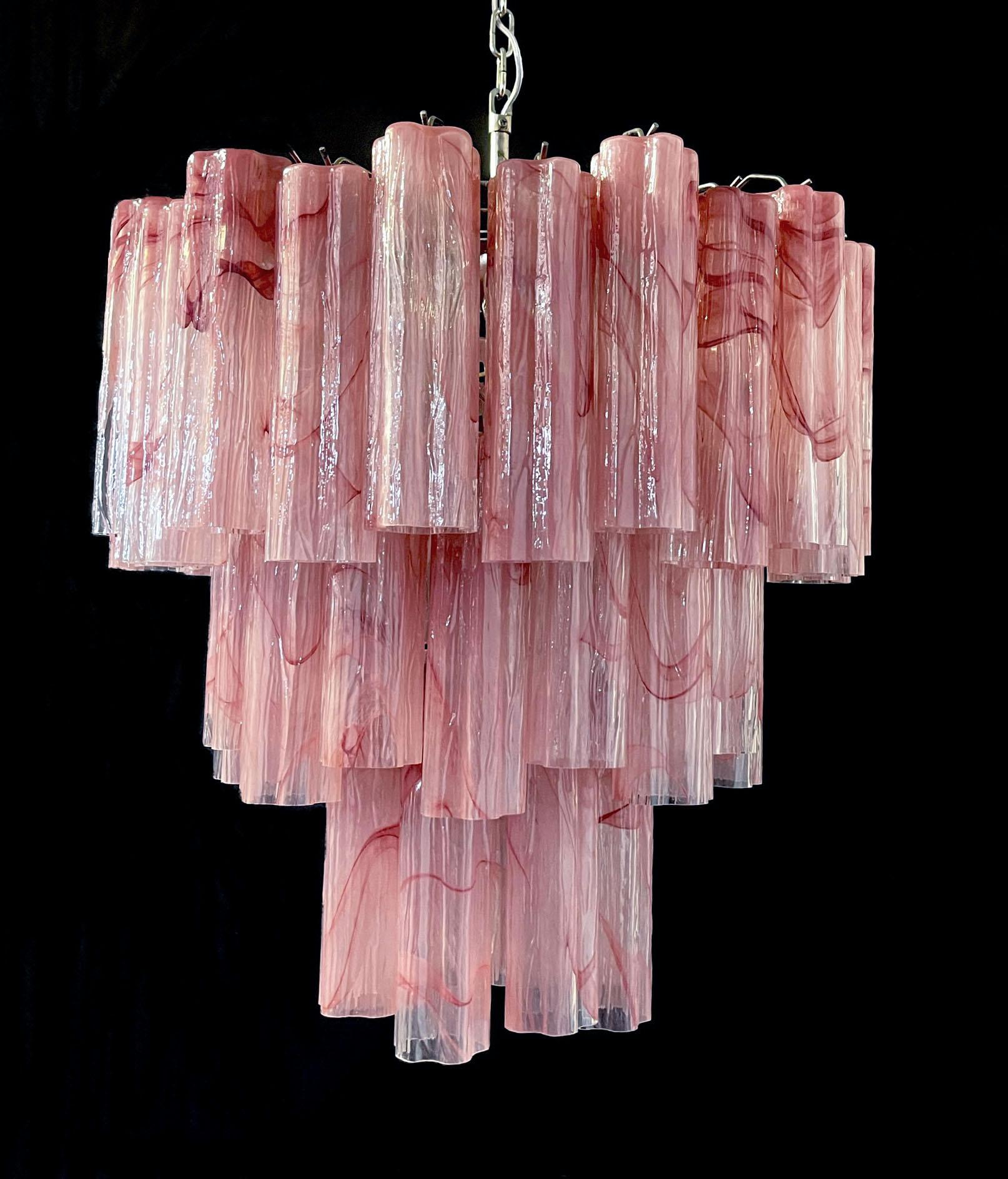 Large Three-Tier Murano Glass Tube Chandelier, Pink Albaster For Sale 7