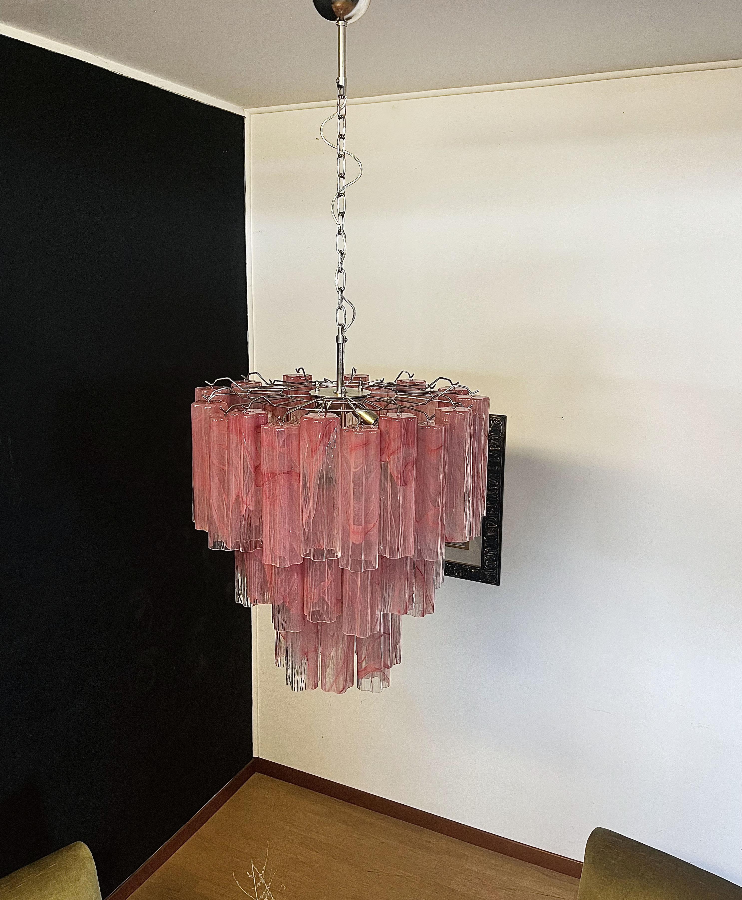 Large Three-Tier Murano Glass Tube Chandelier, Pink Albaster For Sale 8