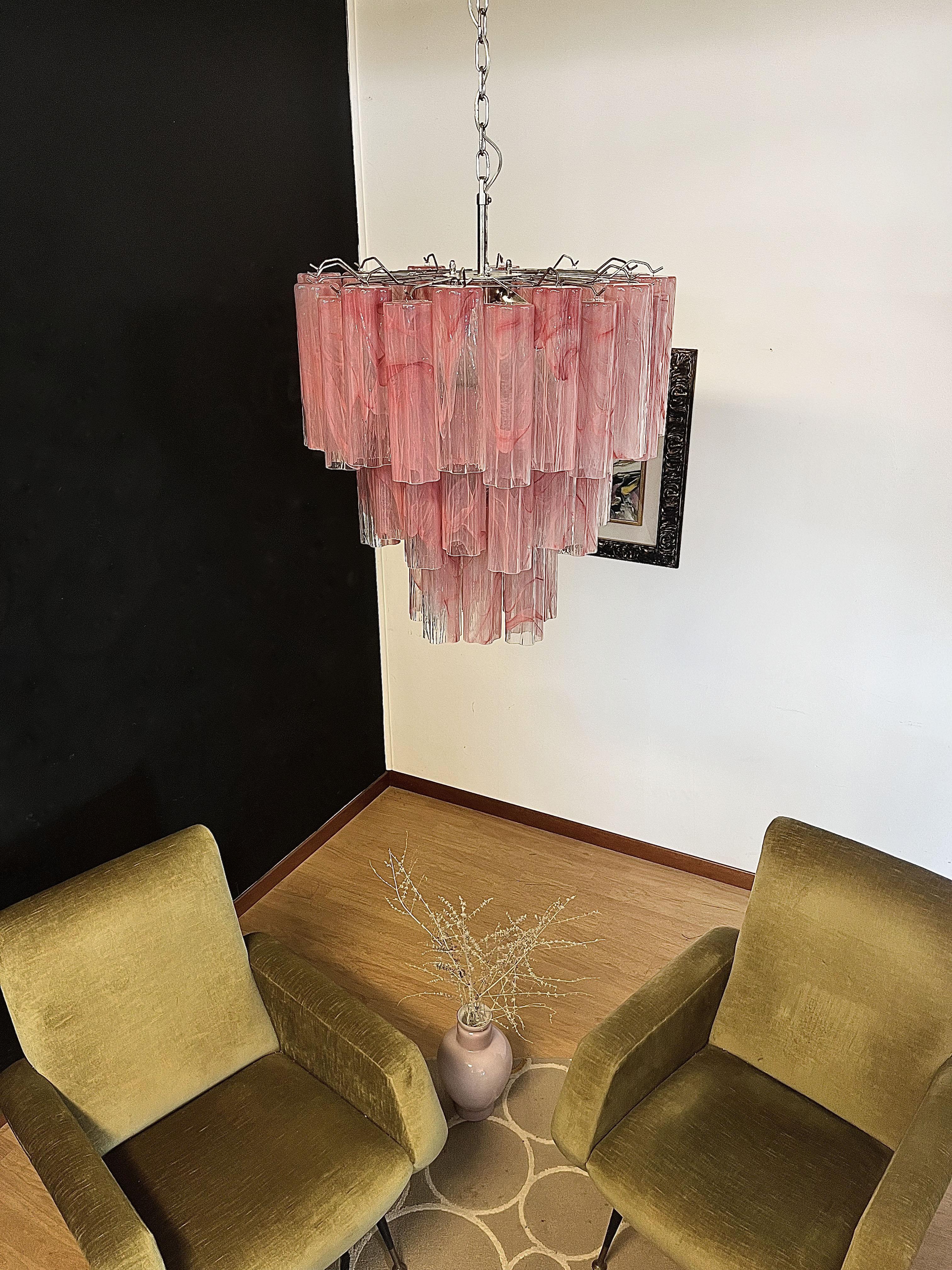 Large Three-Tier Murano Glass Tube Chandelier, Pink Albaster For Sale 9