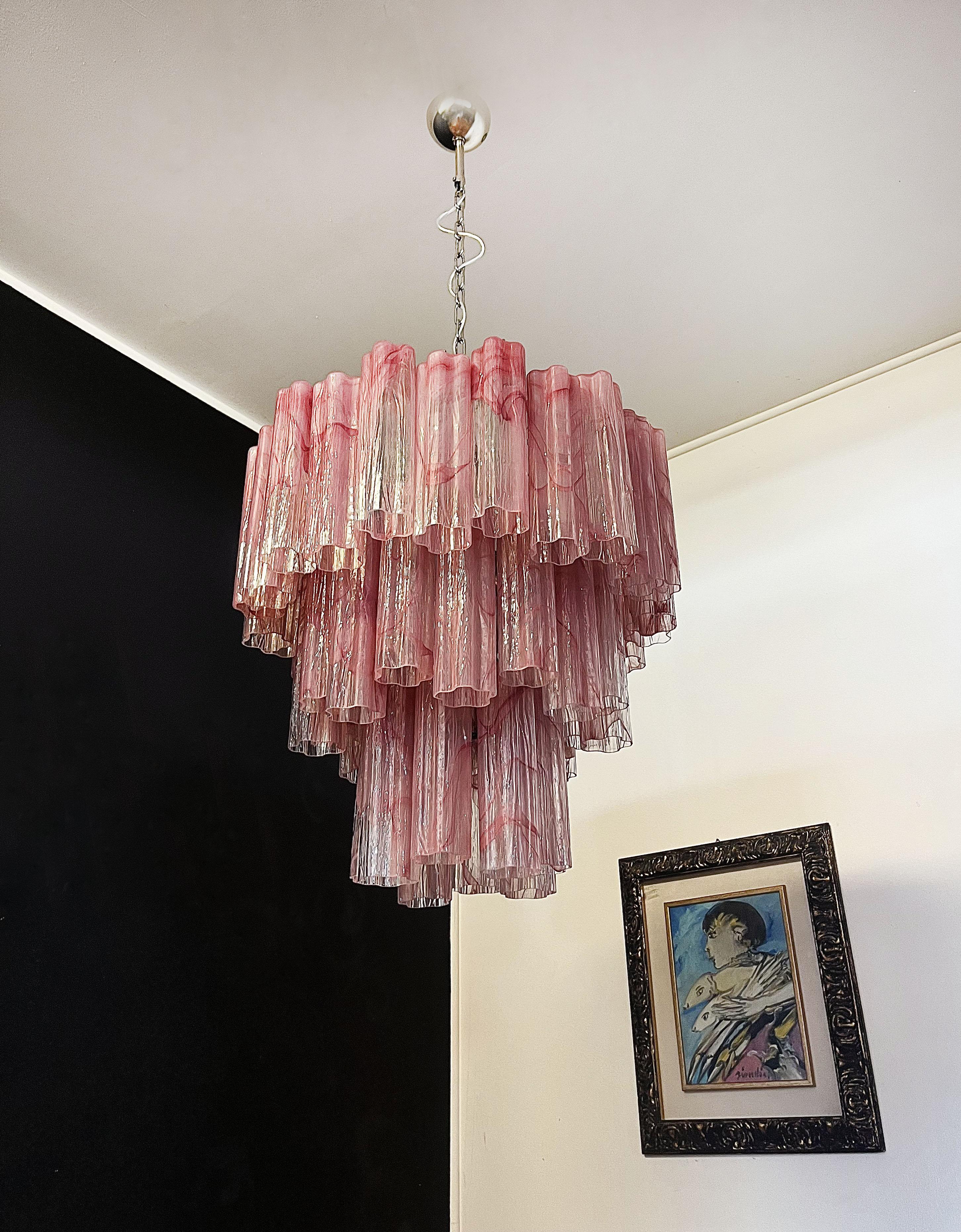 Large Three-Tier Murano Glass Tube Chandelier, Pink Albaster 10