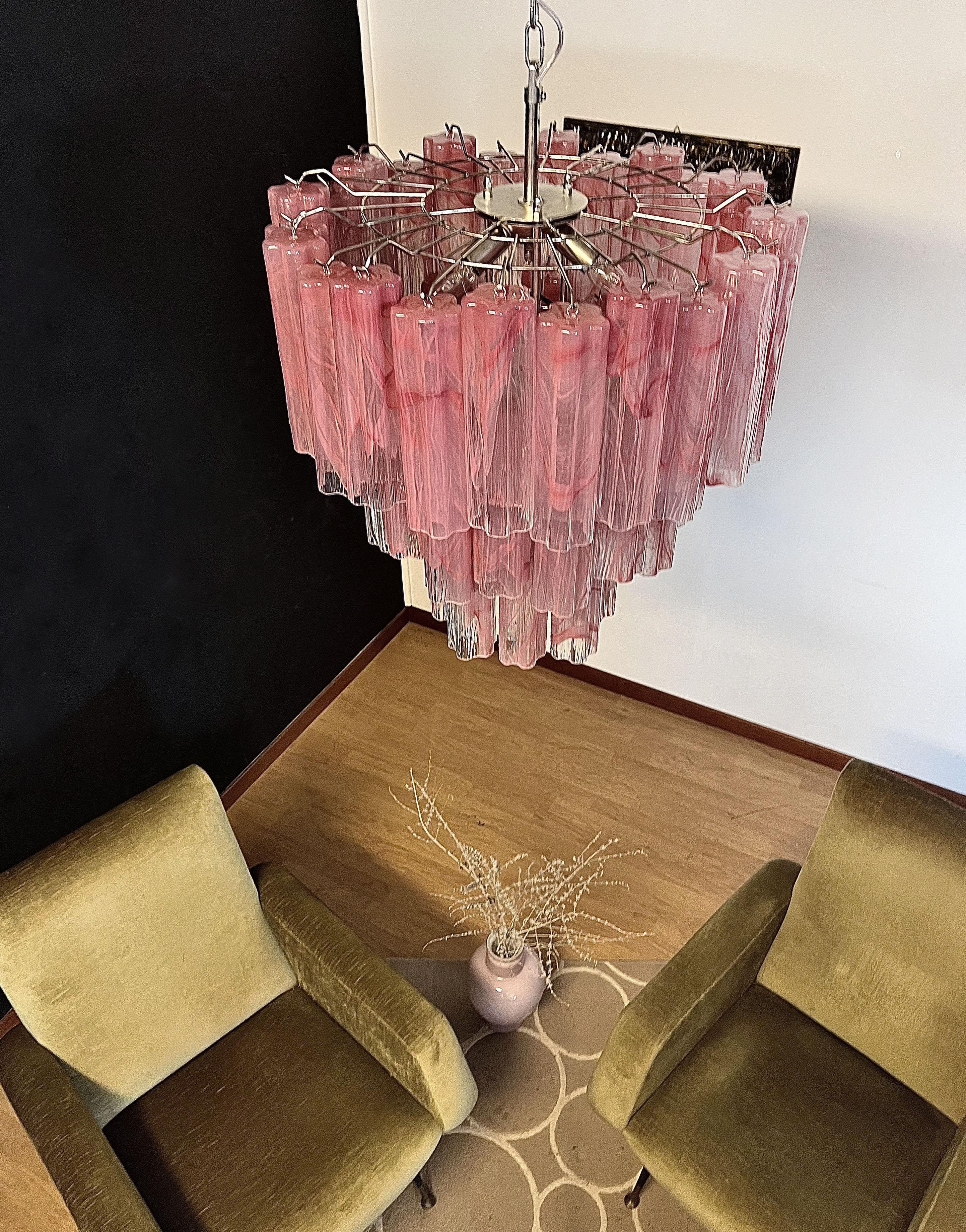 Large Three-Tier Murano Glass Tube Chandelier, Pink Albaster For Sale 10