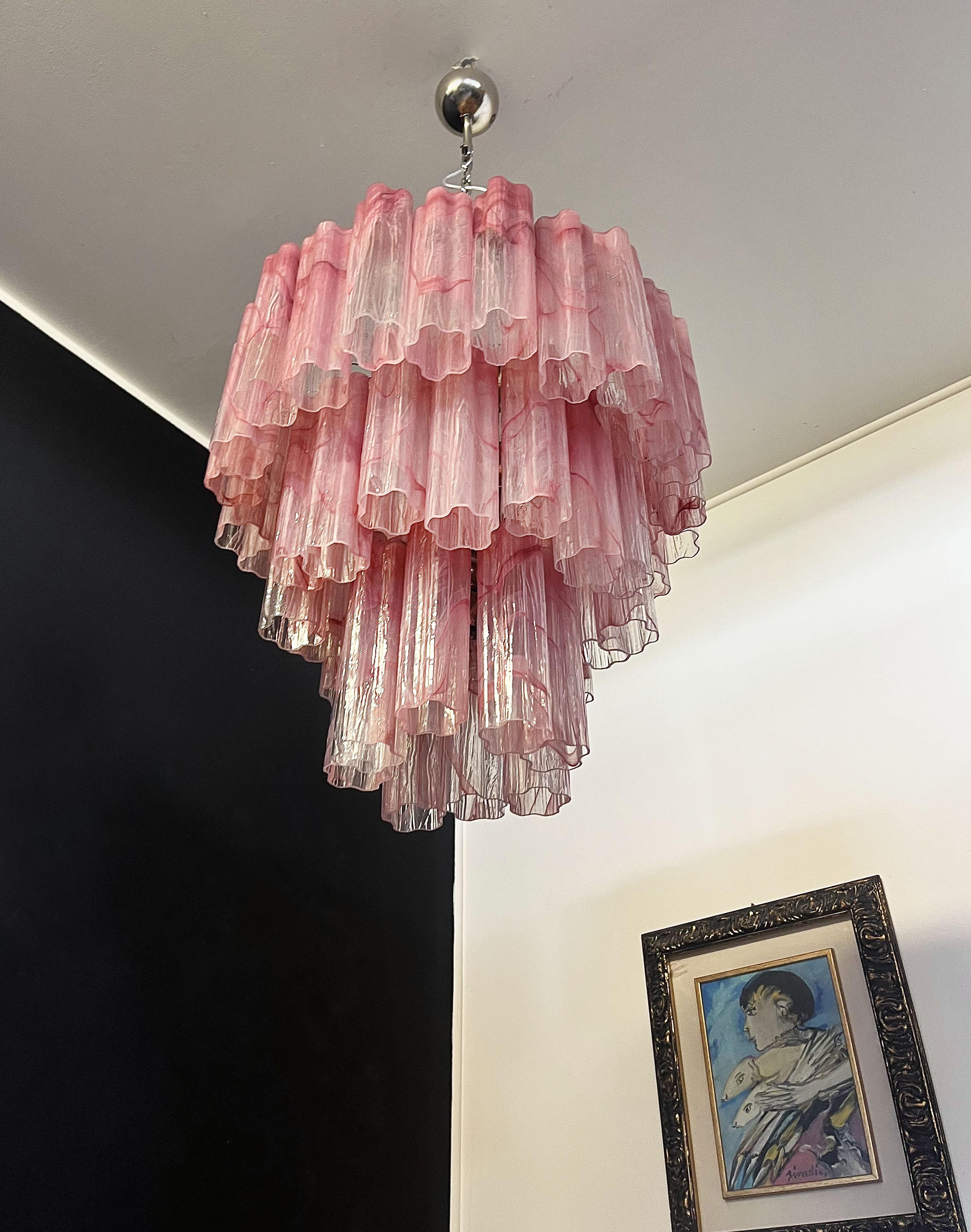 Large Three-Tier Murano Glass Tube Chandelier, Pink Albaster For Sale 12