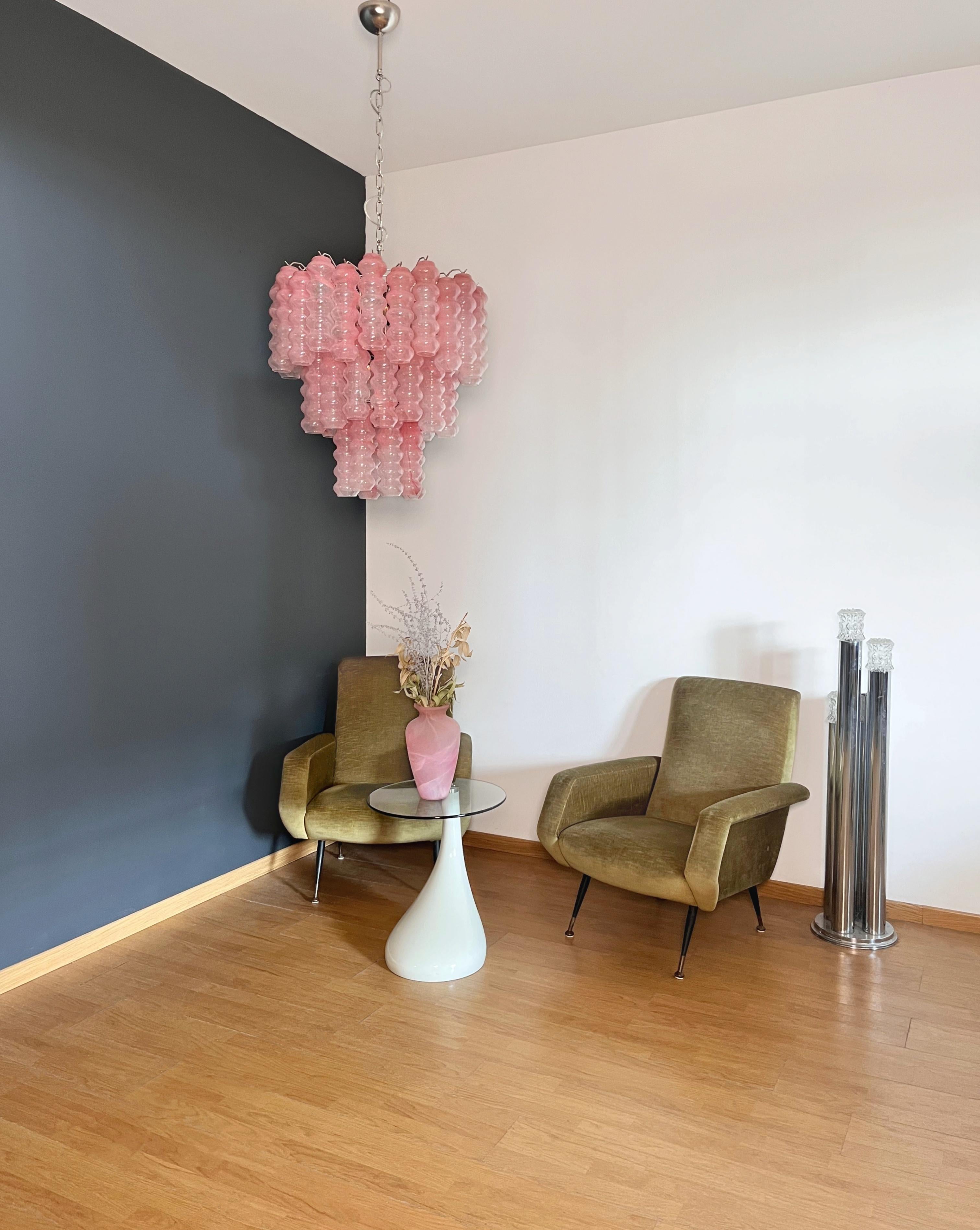Großer dreistöckiger Murano Glasröhren-Kronleuchter - rosa Albaster im Angebot 12