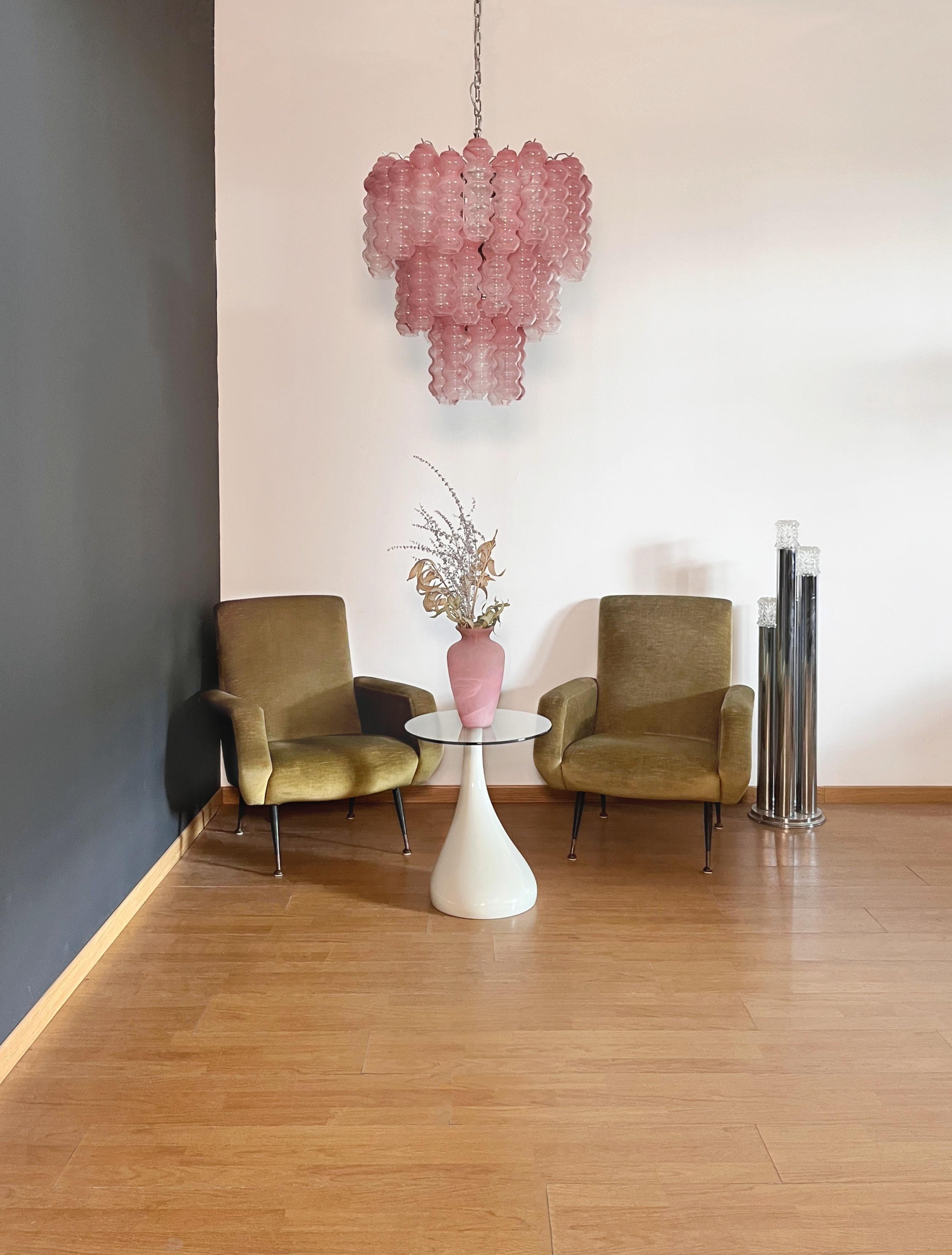 Großer dreistöckiger Murano Glasröhren-Kronleuchter - rosa Albaster im Angebot 13