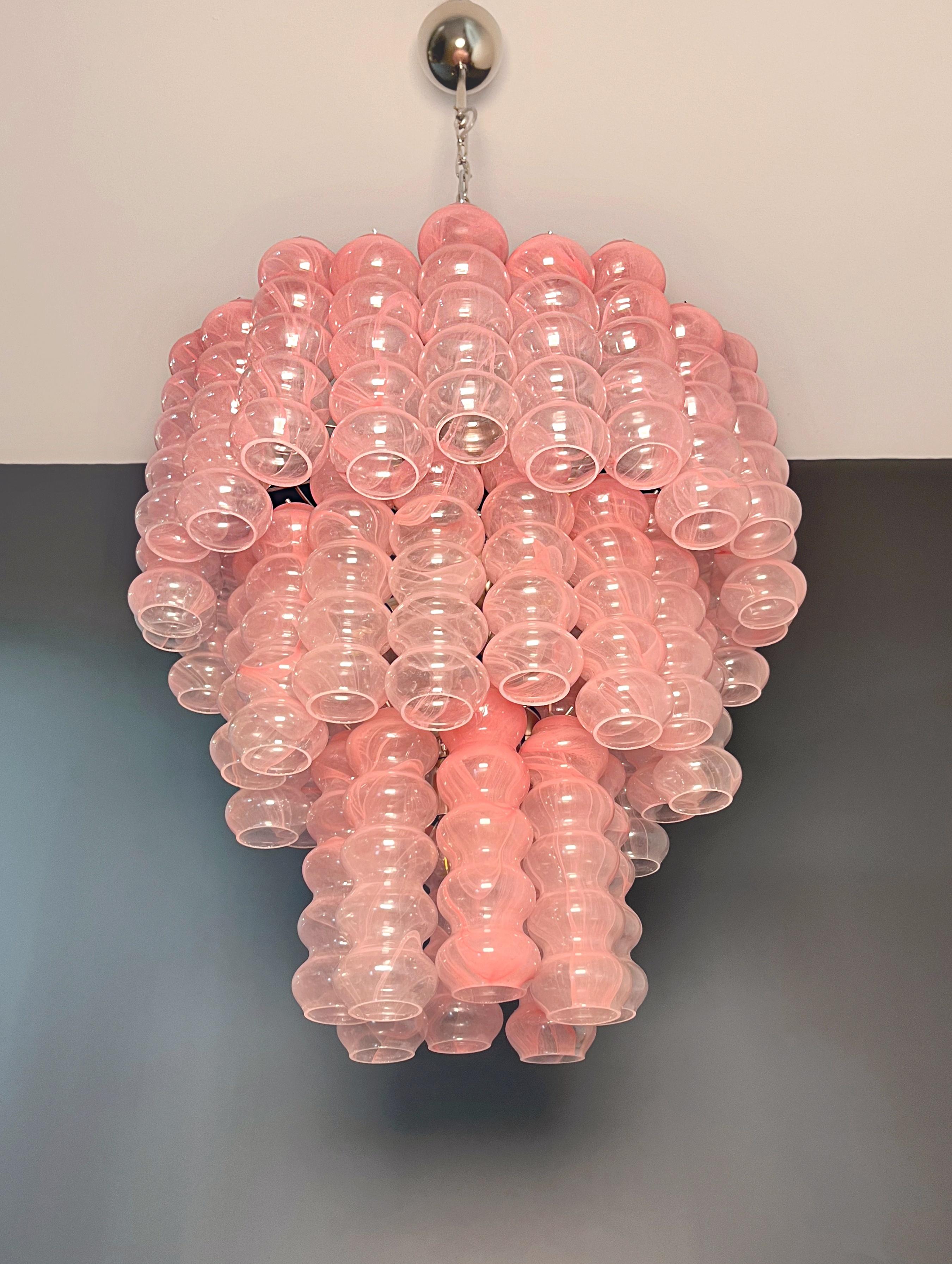 Großer dreistöckiger Murano Glasröhren-Kronleuchter - rosa Albaster im Angebot 17