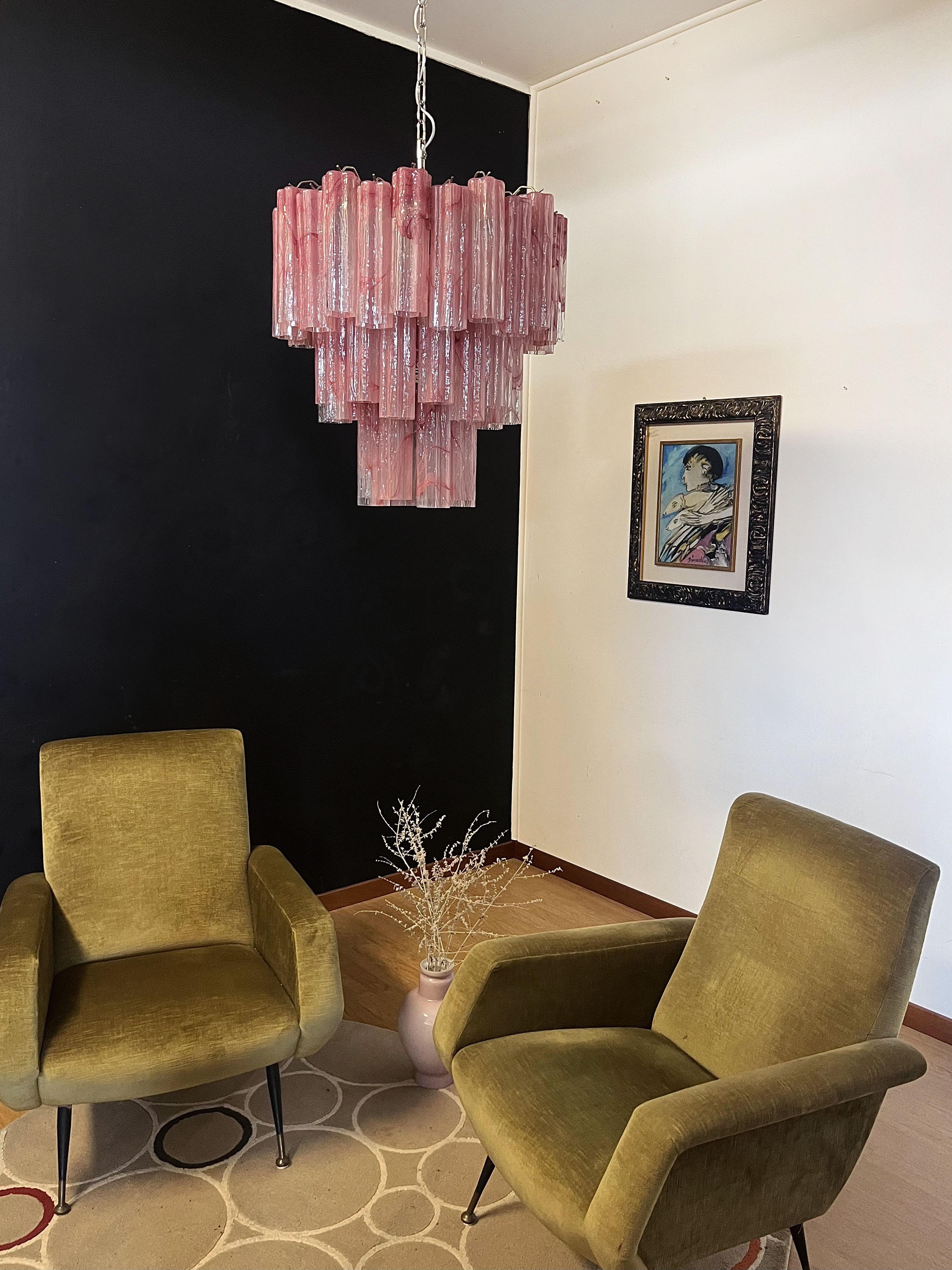 Mid-Century Modern Large Three-Tier Murano Glass Tube Chandelier, Pink Albaster For Sale