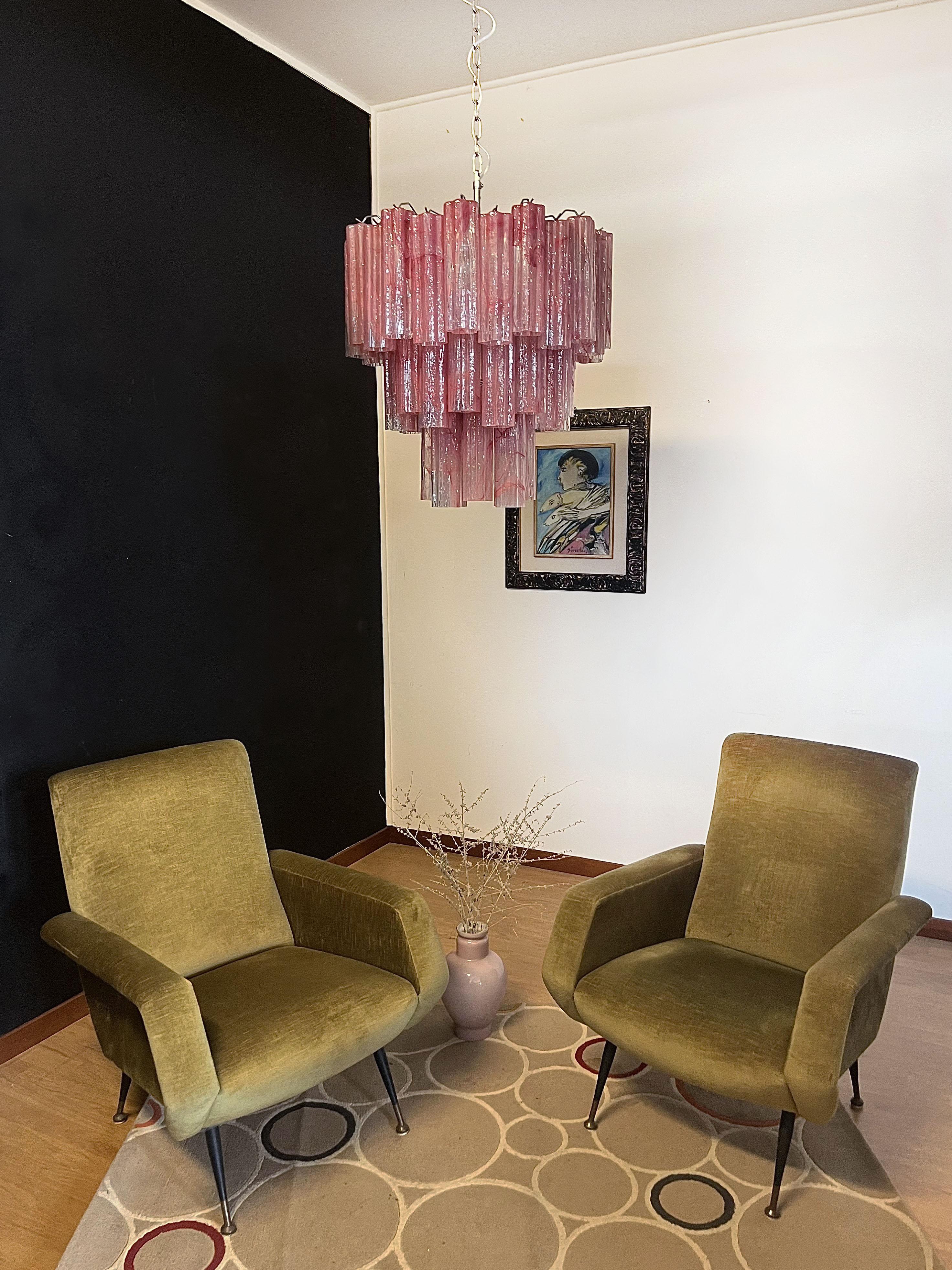 Italian Large Three-Tier Murano Glass Tube Chandelier, Pink Albaster For Sale