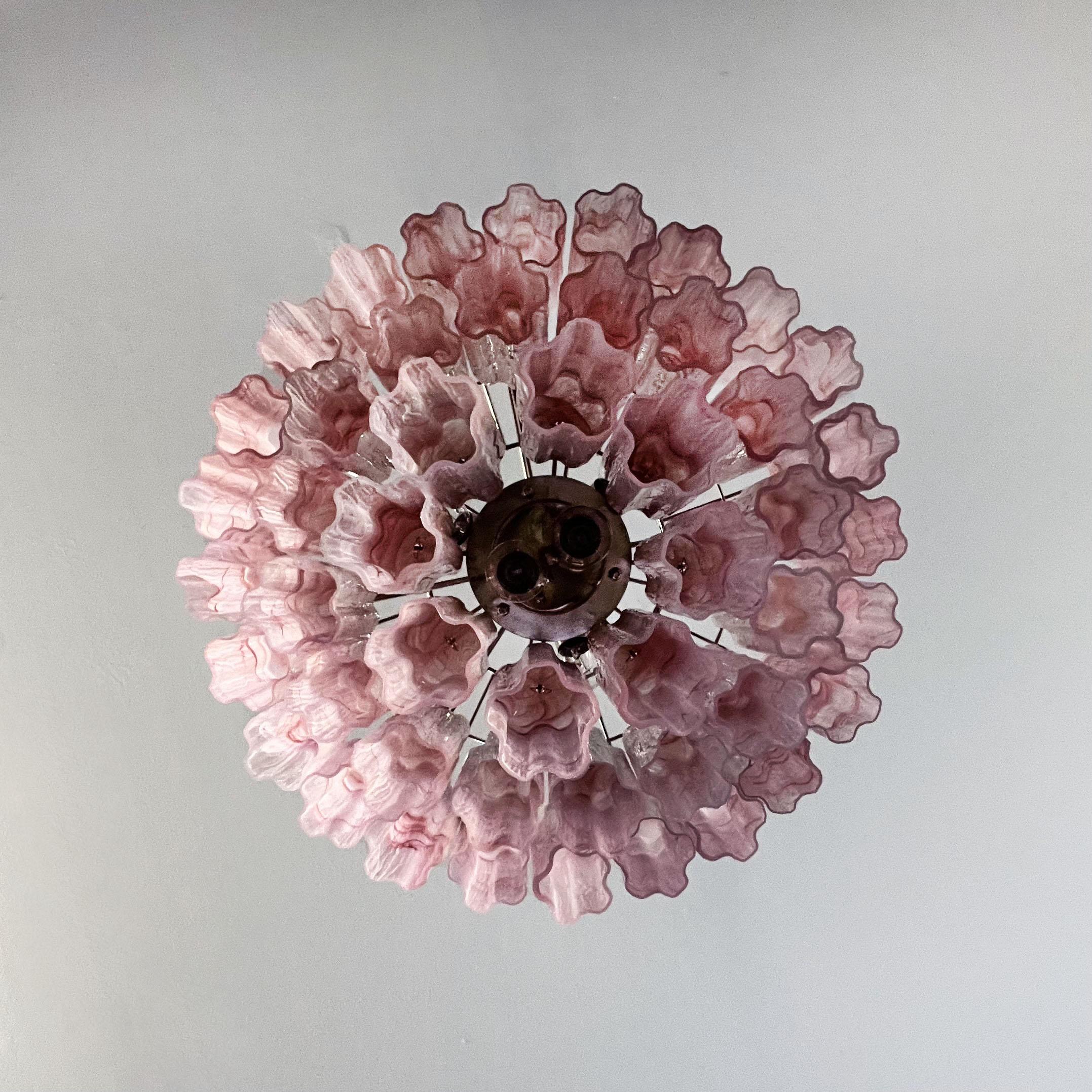 Galvanized Large Three-Tier Murano Glass Tube Chandelier, Pink Albaster For Sale