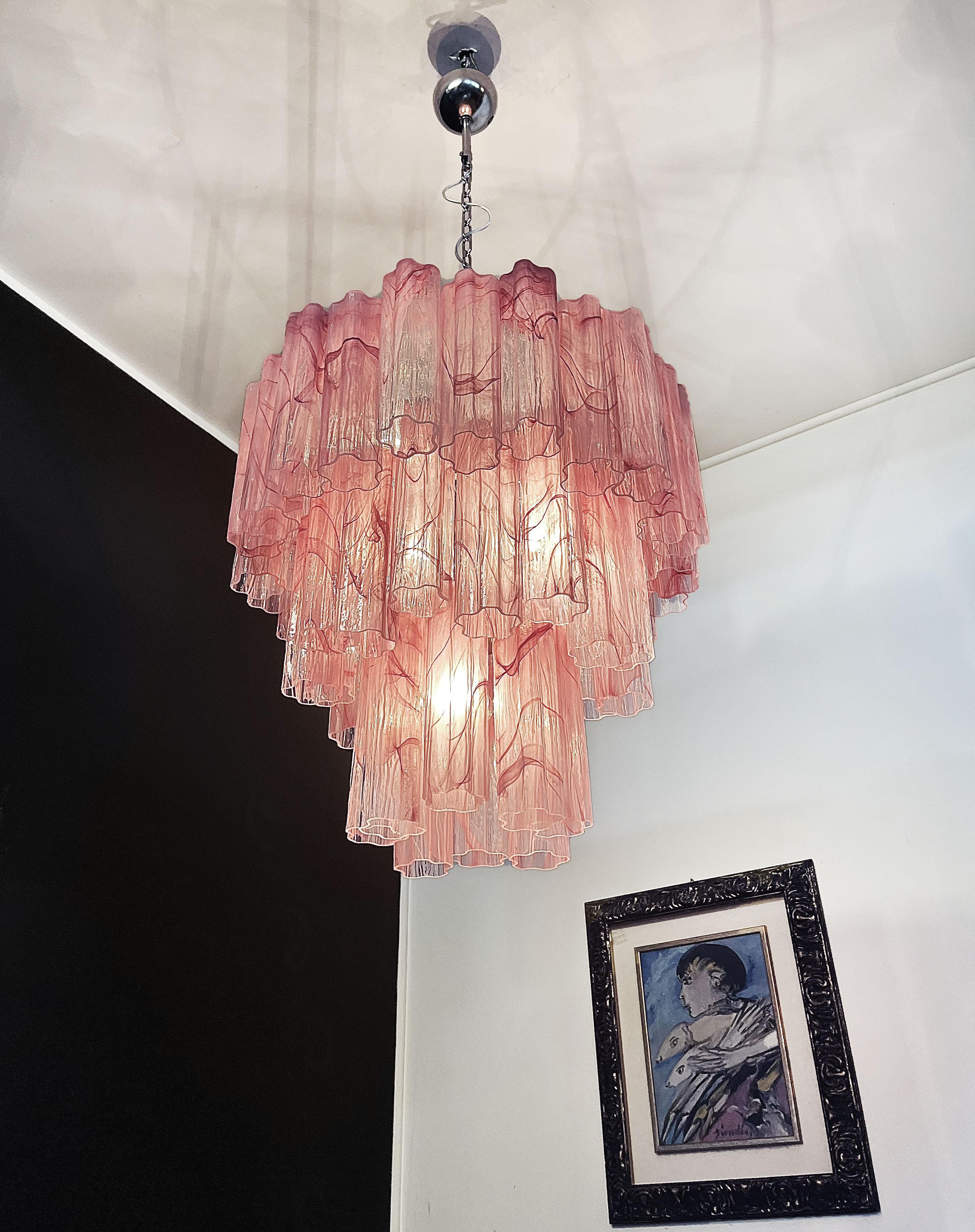 Large Three-Tier Murano Glass Tube Chandelier, Pink Albaster In Good Condition For Sale In Gaiarine Frazione Francenigo (TV), IT
