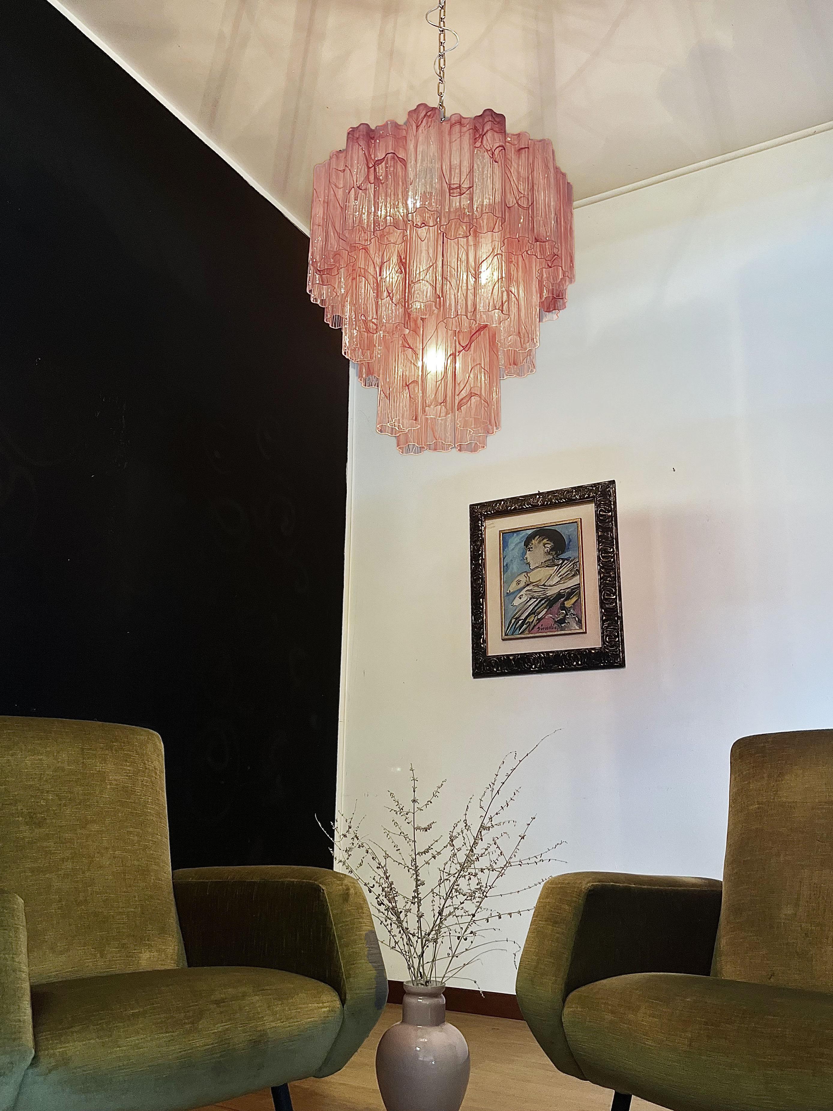 20th Century Large Three-Tier Murano Glass Tube Chandelier, Pink Albaster