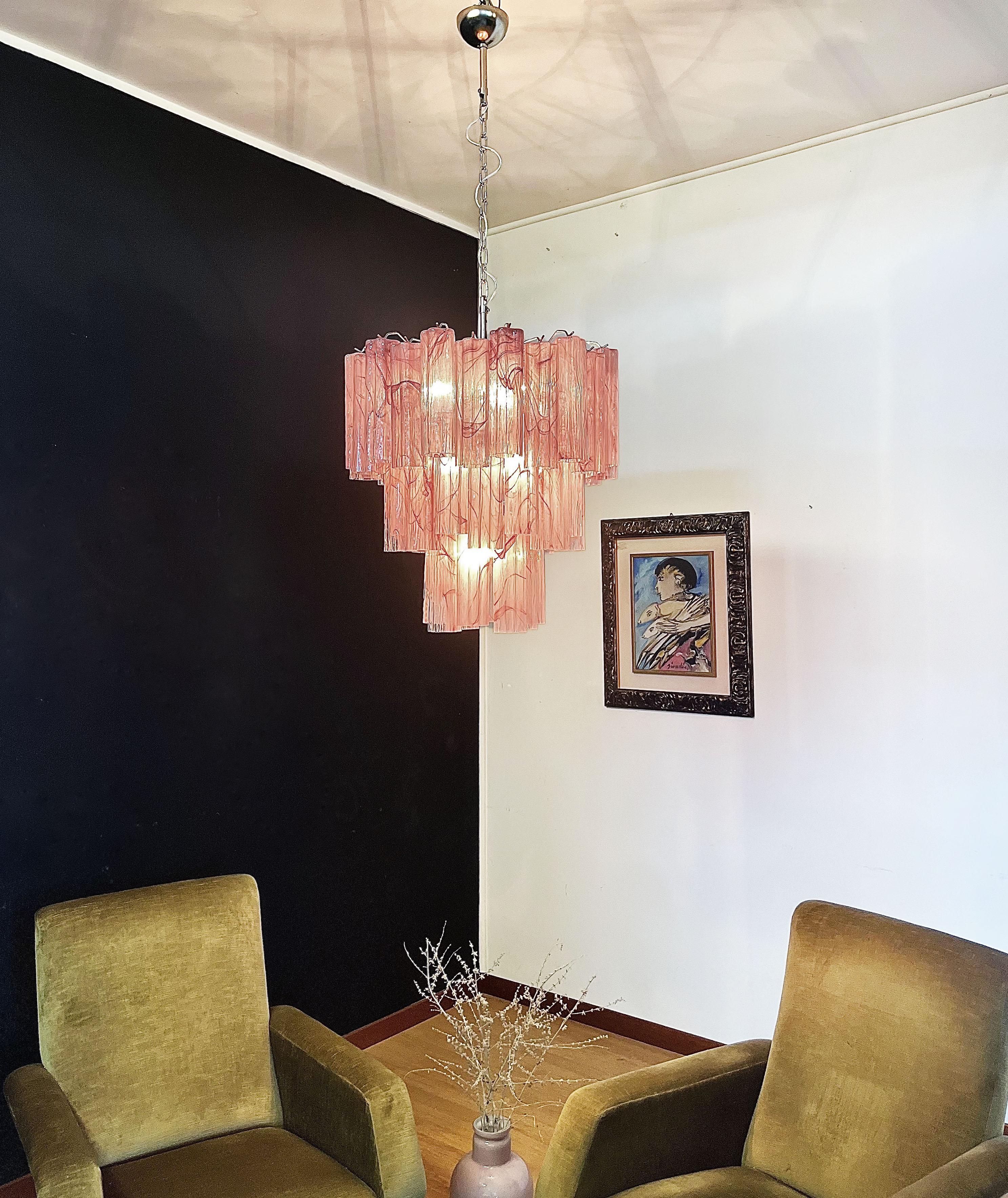 20th Century Large Three-Tier Murano Glass Tube Chandelier, Pink Albaster For Sale