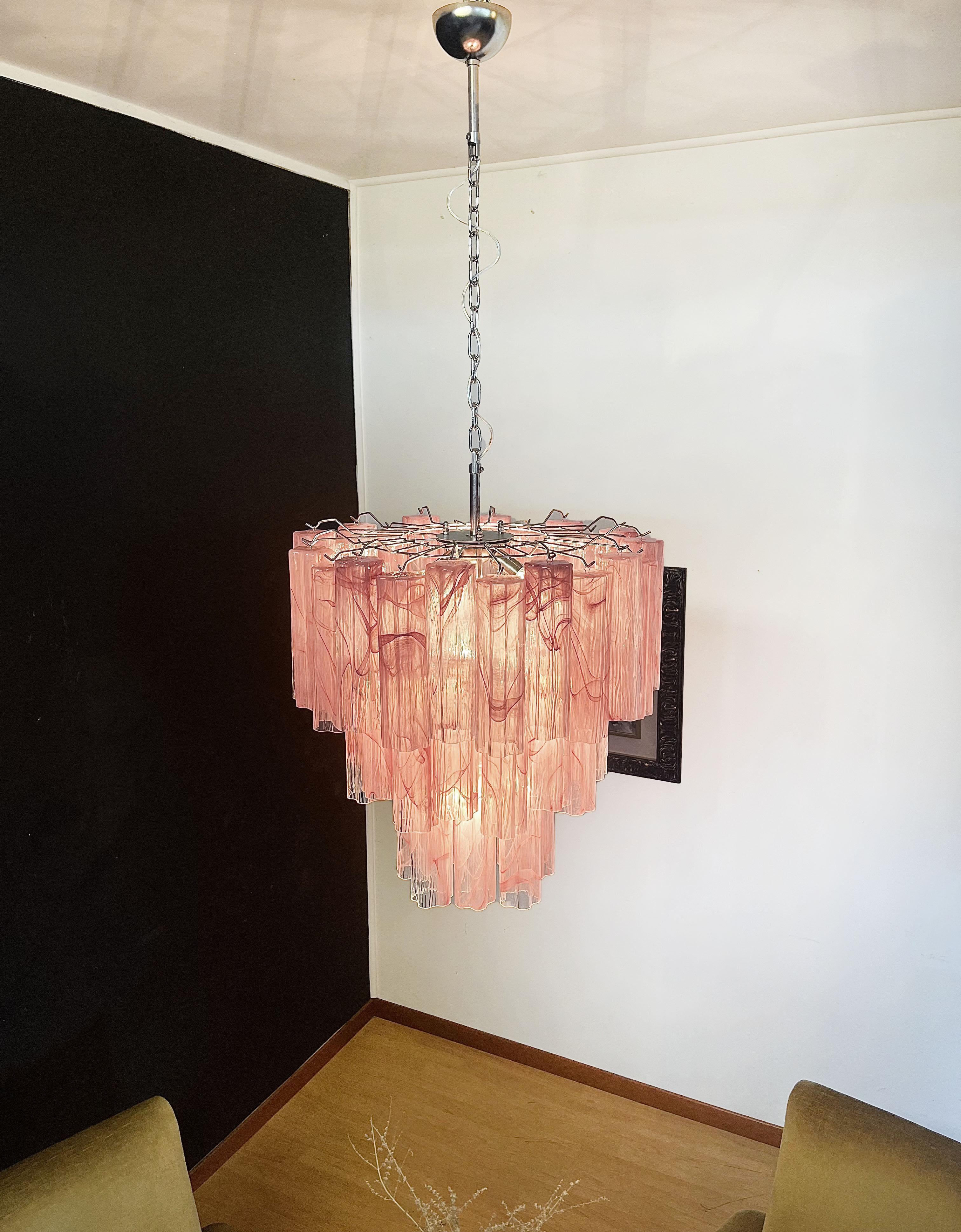 Large Three-Tier Murano Glass Tube Chandelier, Pink Albaster For Sale 1